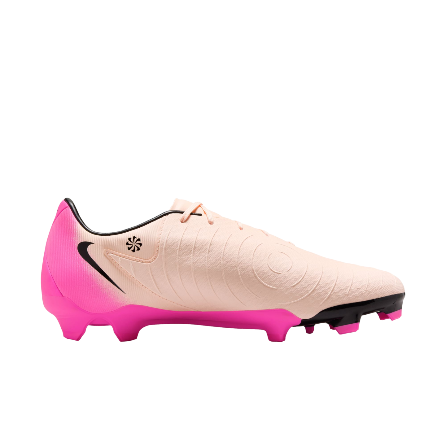 A side view of a Nike soccer cleat with a peach-colored upper, a bright pink heel and soleplate, and a black Nike swoosh.