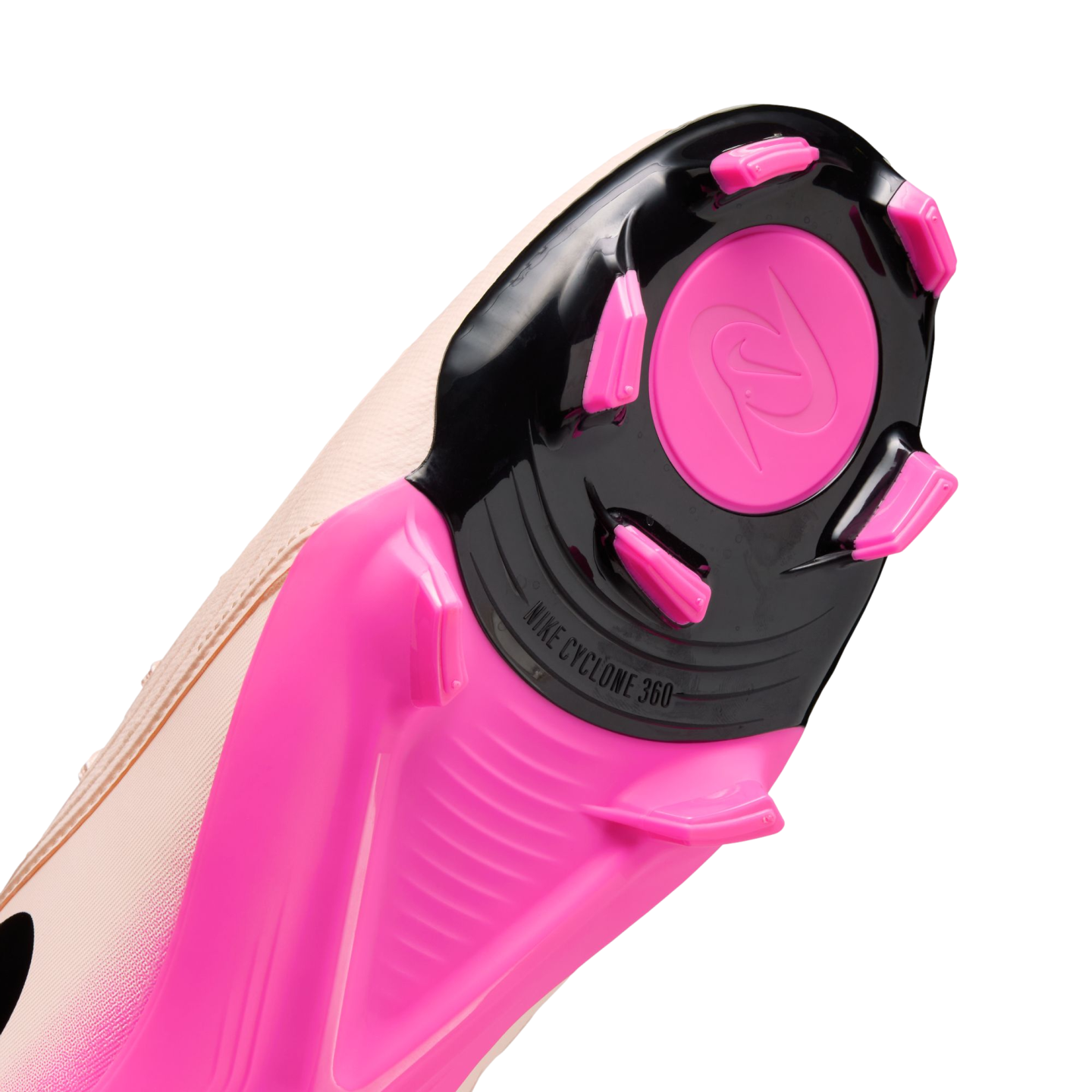 Close-up of the black and pink soleplate of a Nike soccer cleat, featuring "NIKE CYCLONE 360" text and a circular traction pattern with pink studs.