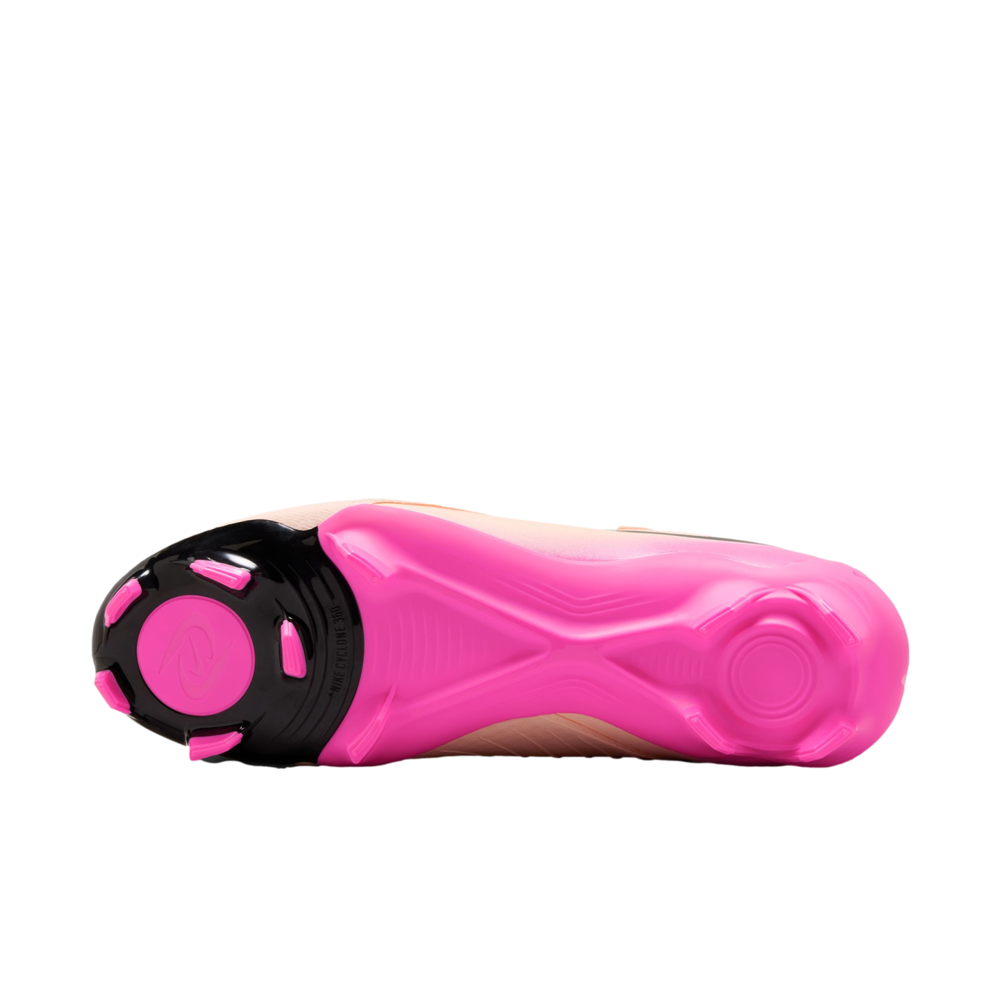Bottom view of a pink and black Nike soccer cleat showing the soleplate and stud pattern.