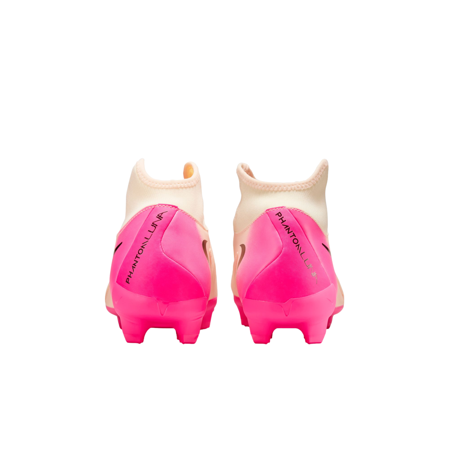 Rear view of Nike Phantom Luna soccer cleats with light peach uppers and vibrant pink heel counters on a white background.