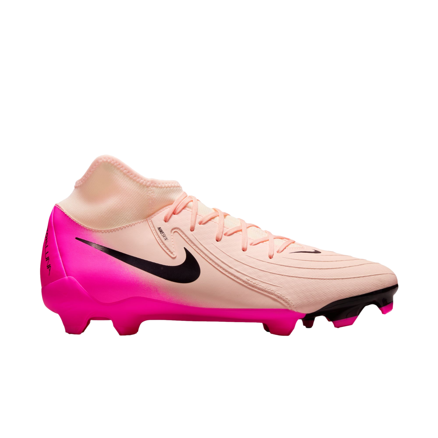 Side profile of a Nike soccer cleat with a light peach upper, bright fuchsia heel and soleplate, black swoosh, and integrated mid-cut collar.