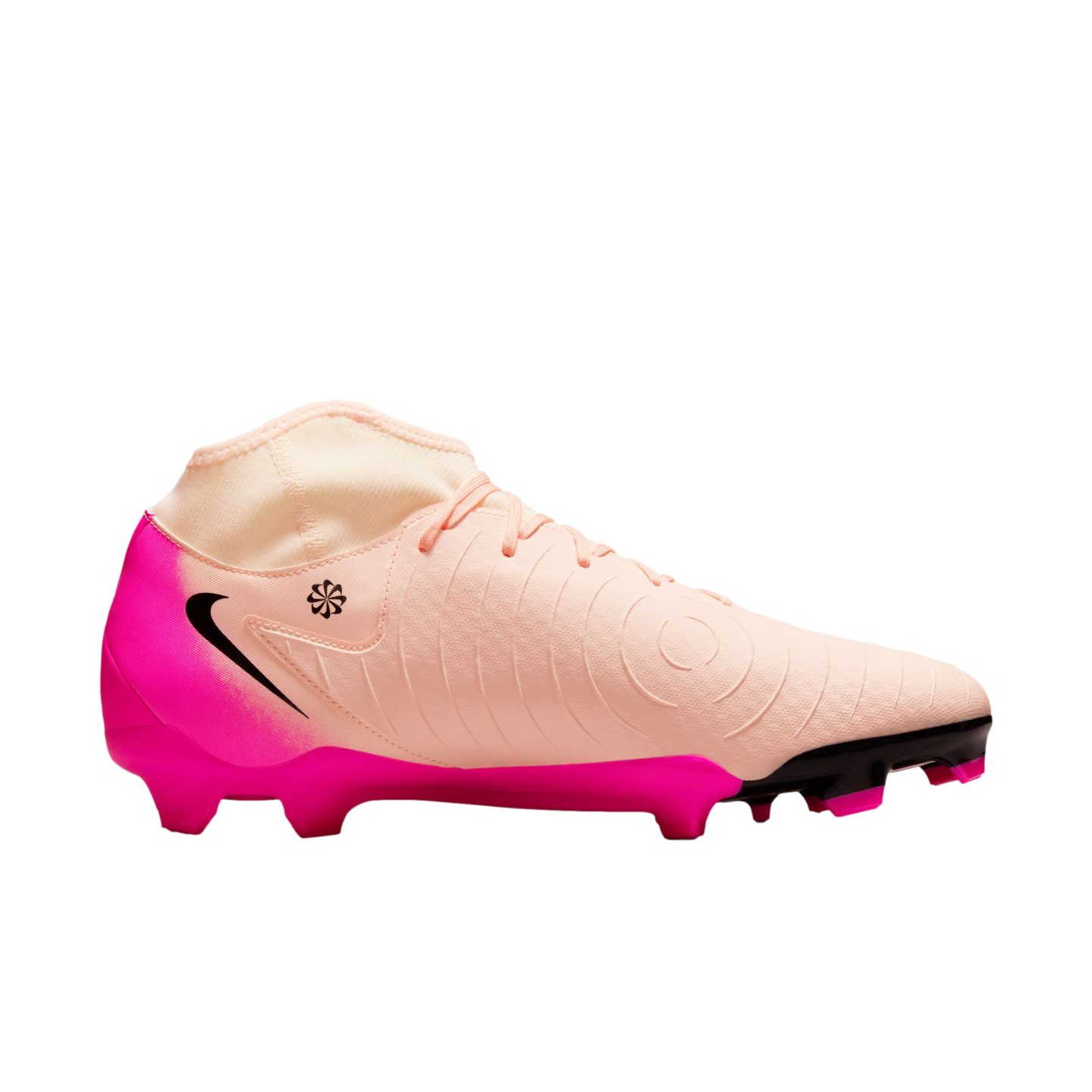 A peach and hot pink Nike soccer cleat with a black swoosh and high-top collar, viewed from the side against a plain white background.