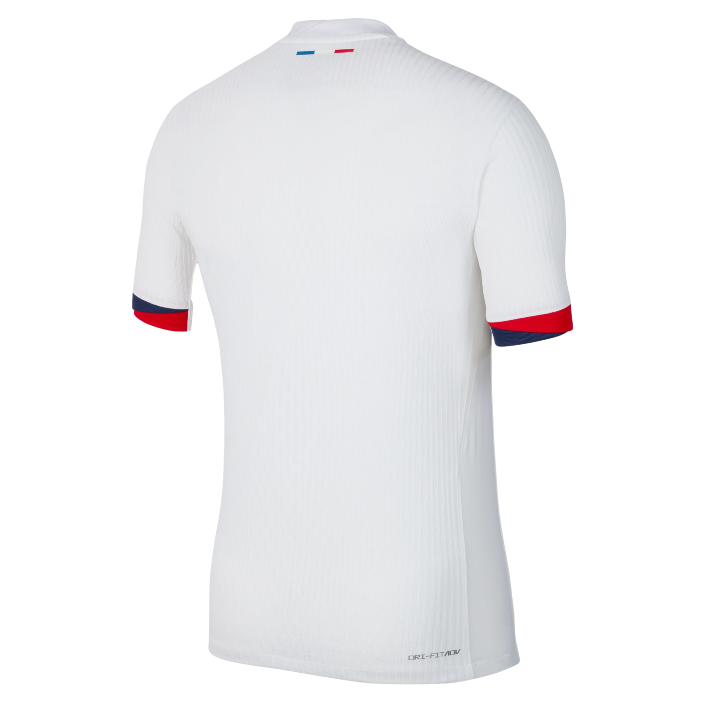 Back view of a white ribbed short-sleeved jersey with blue and red sleeve cuffs and a small tricolor flag on the back neck.