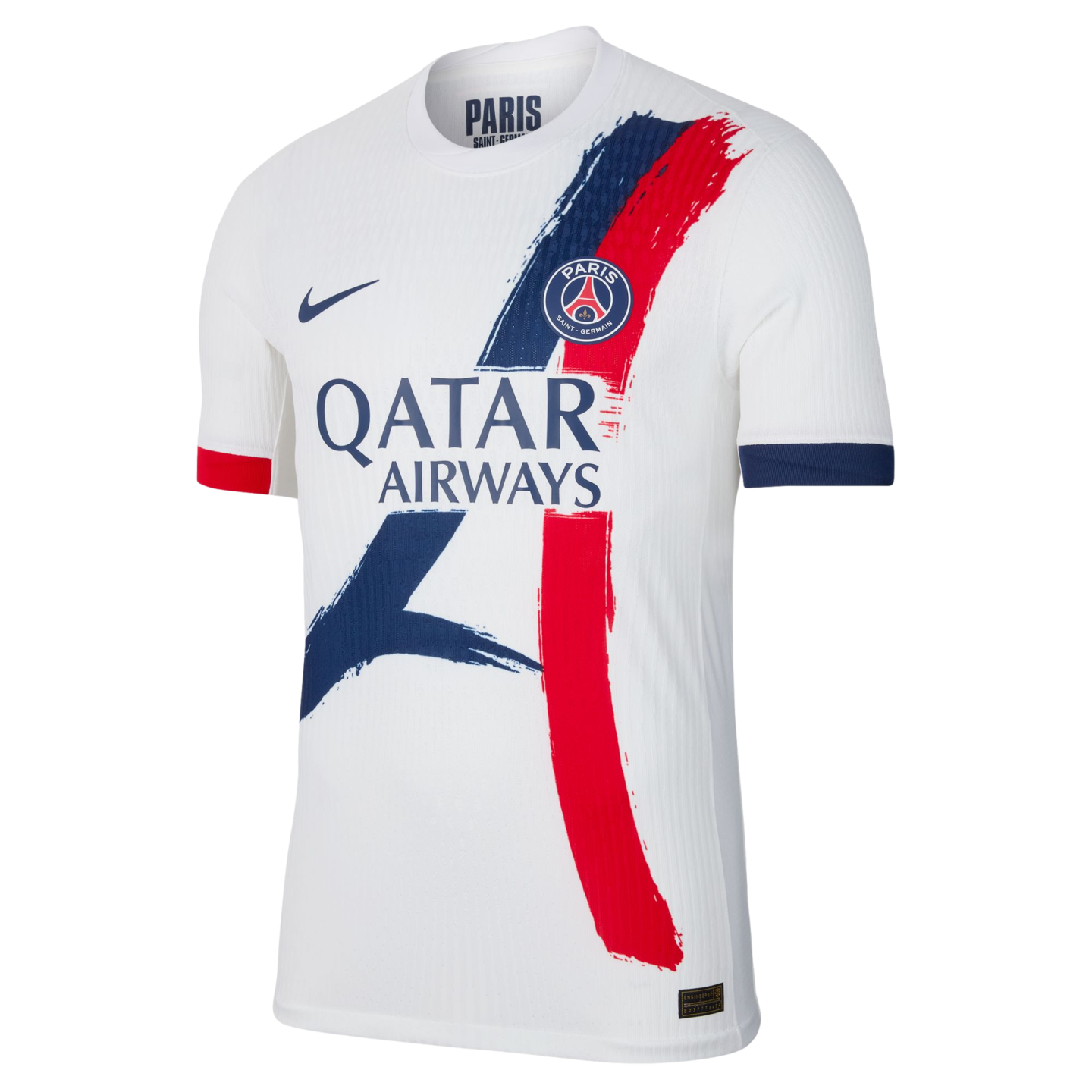 White Nike Paris Saint-Germain away football jersey featuring red and blue brushstroke graphics, the team crest, and Qatar Airways sponsor logo.