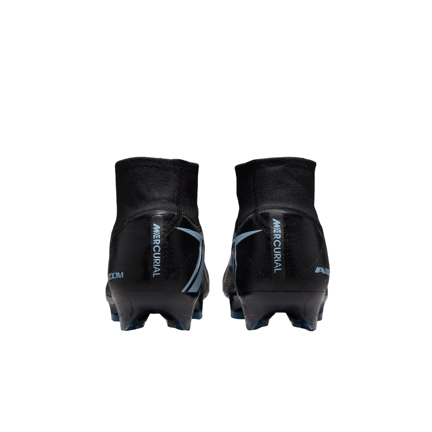 Rear view of black and light blue Nike Mercurial soccer cleats with high-top collars against a black background.