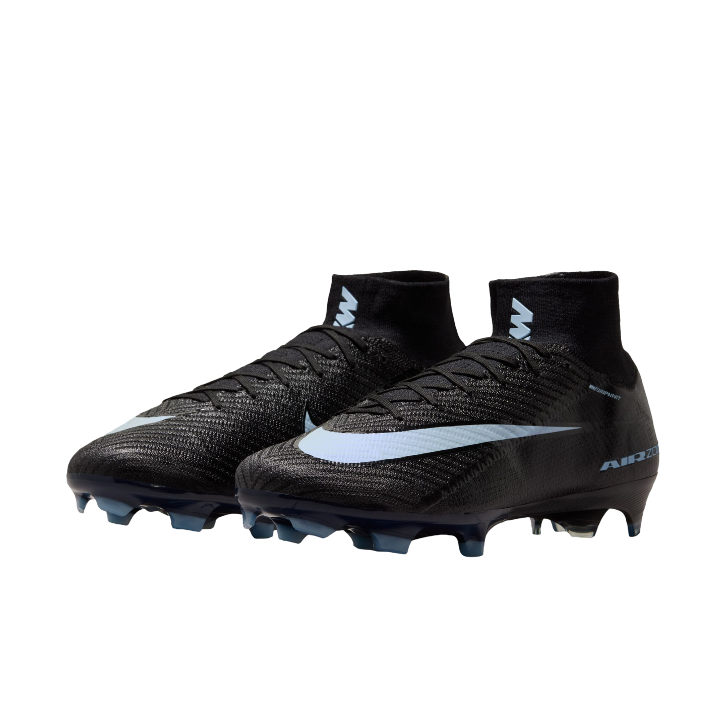 Pair of black Nike Mercurial soccer cleats with light blue swooshes and studs, featuring a high-top collar, shown against a solid black background.