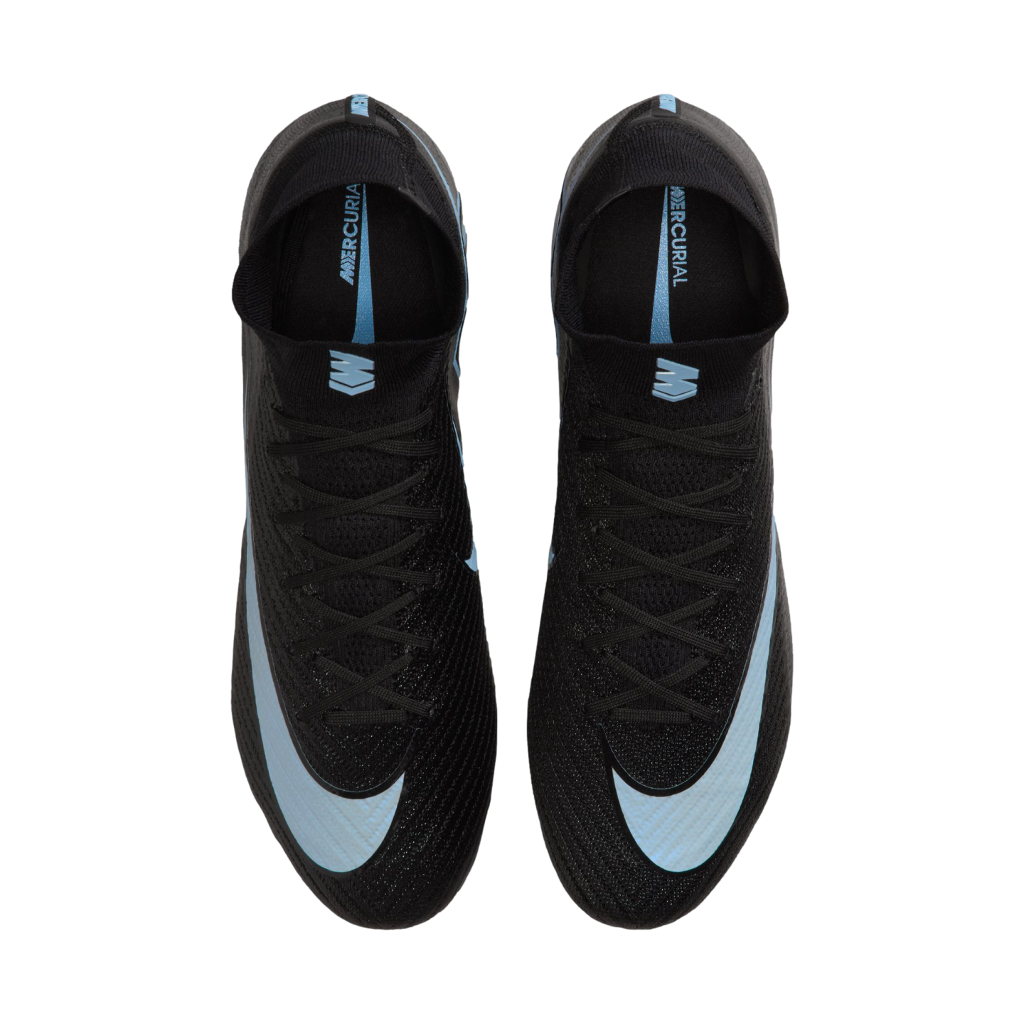 A pair of black Nike Mercurial soccer cleats with light blue swoosh logos, shown from a top-down perspective against a black background.