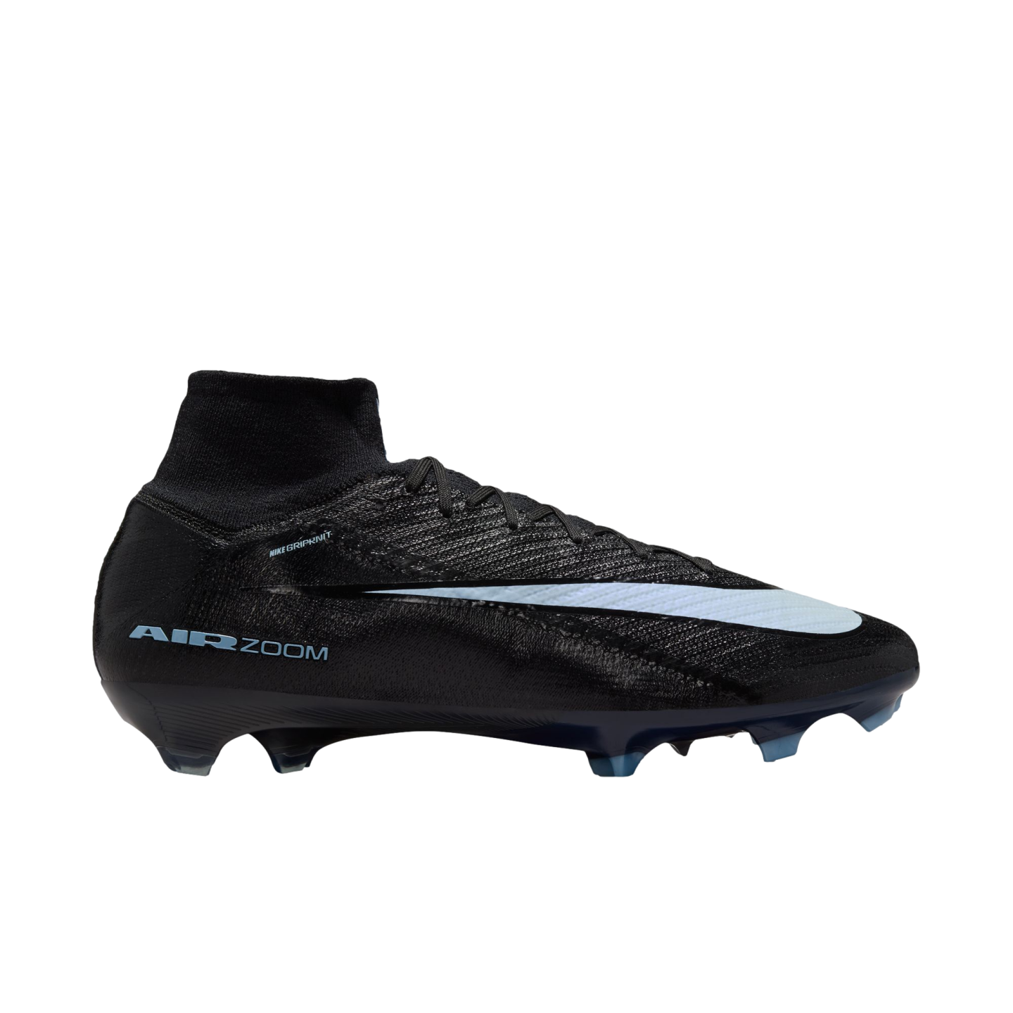 A black Nike Air Zoom soccer cleat with a white swoosh and high-top ankle collar, viewed from the side against a black background.