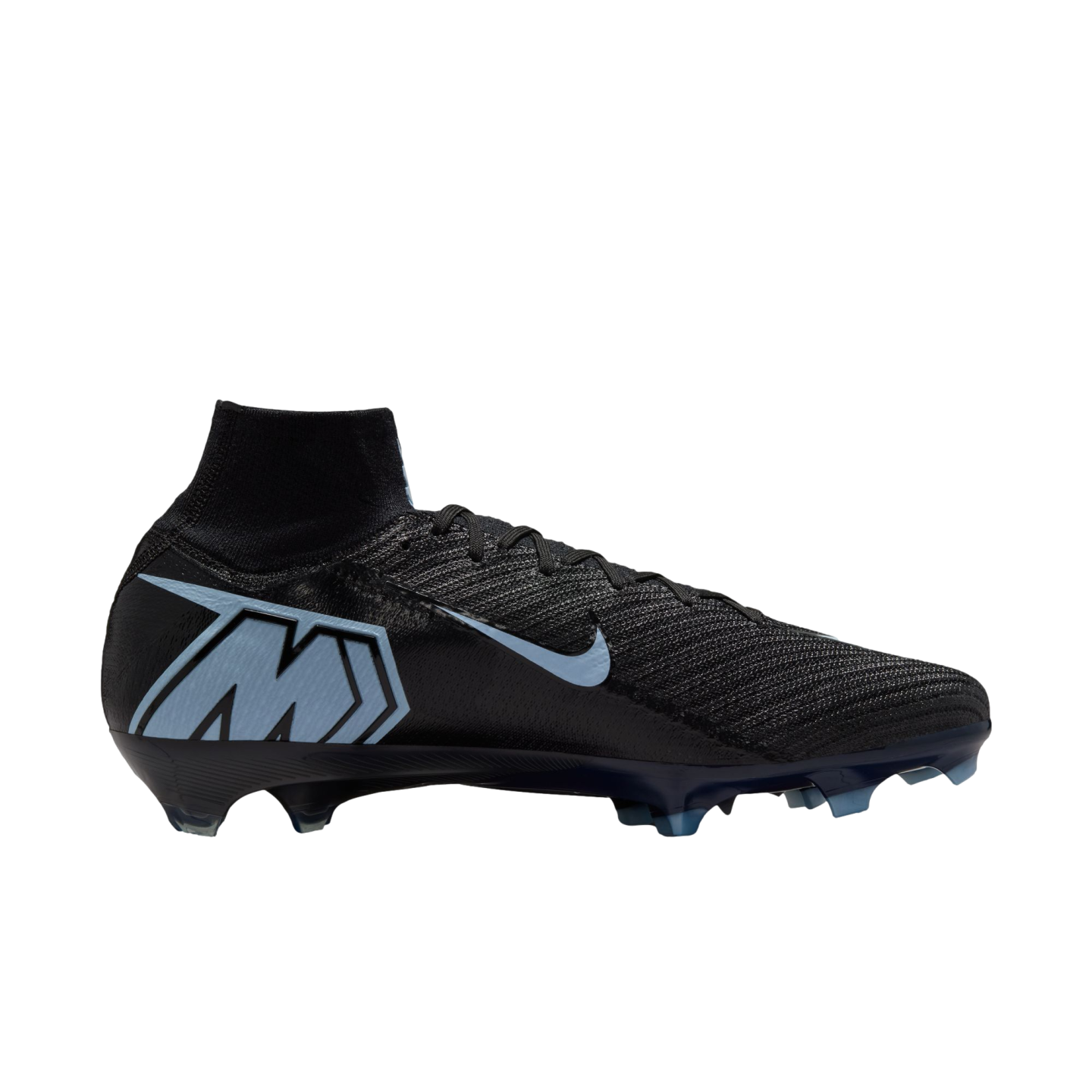 Profile of a black Nike Mercurial soccer cleat with light blue accents, a high-top collar, and a large "M" logo on the heel, shown against a black background.