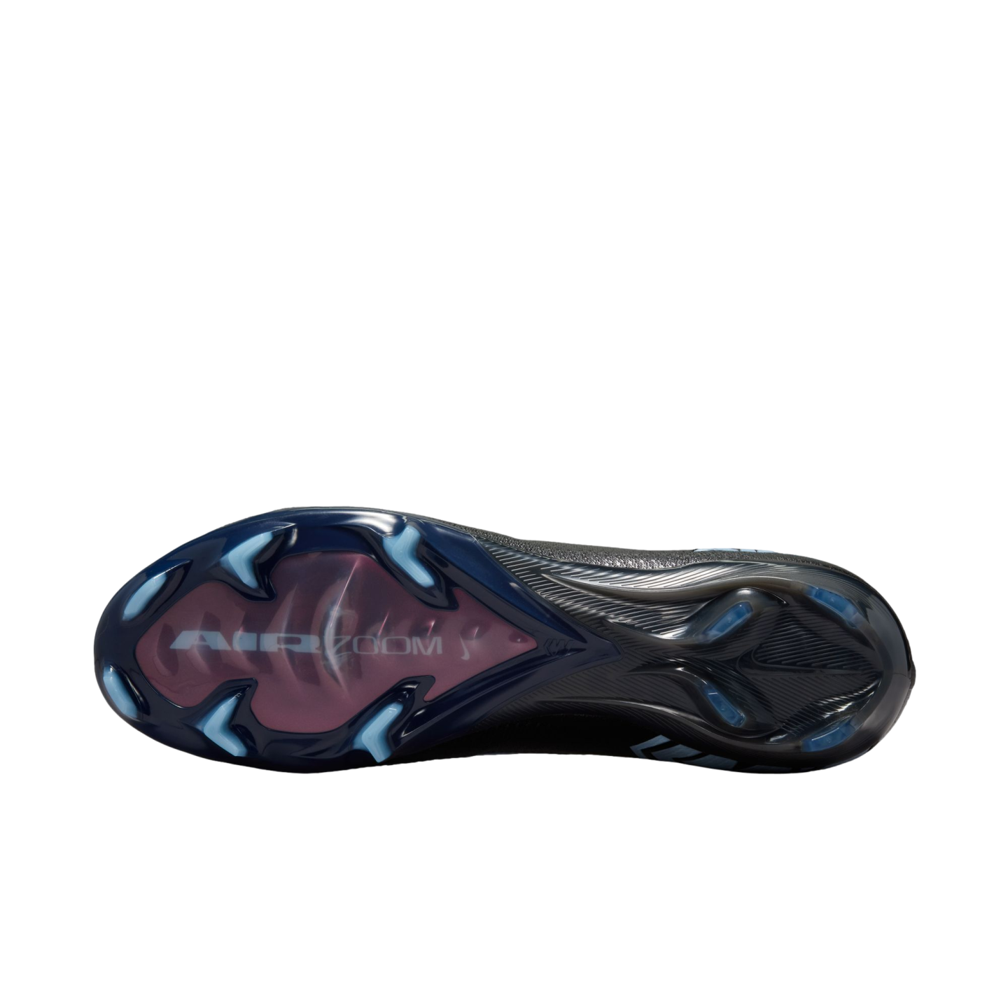 Underside of a black soccer cleat featuring light blue studs and a translucent pink "AIR ZOOM" window on the forefoot, shown against a black background.