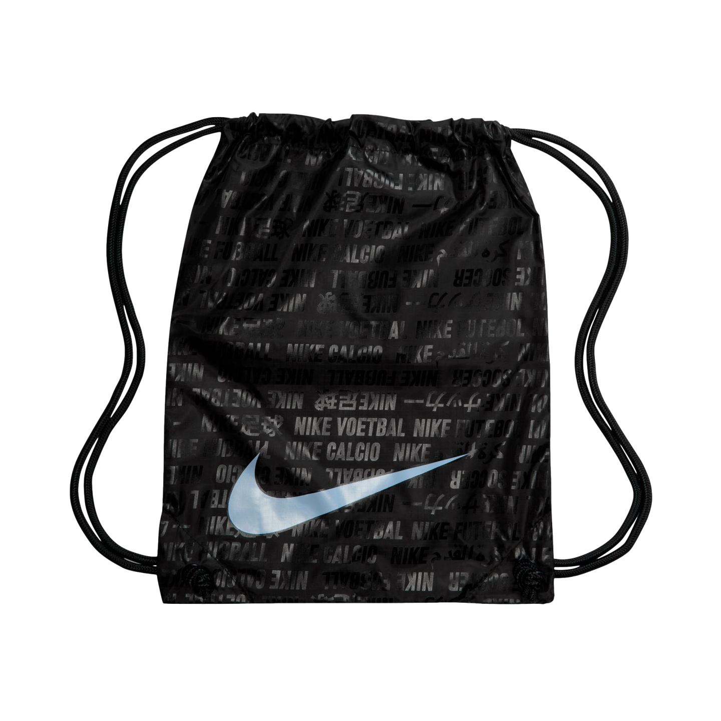 Black Nike drawstring bag featuring a large light blue swoosh over a tonal pattern of the Nike logo and "football" written in multiple languages.