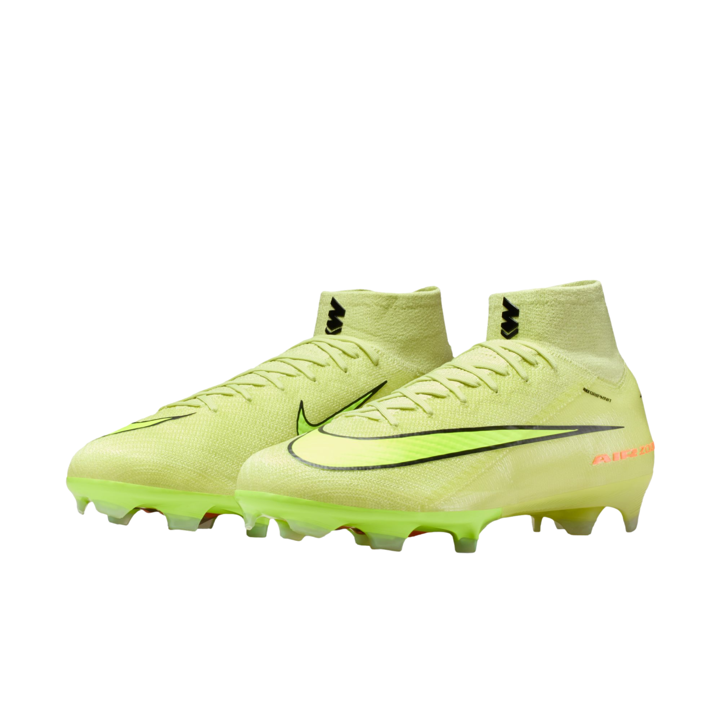 A pair of lime green Nike soccer cleats with black Swoosh logos and high-top collars against a black background.