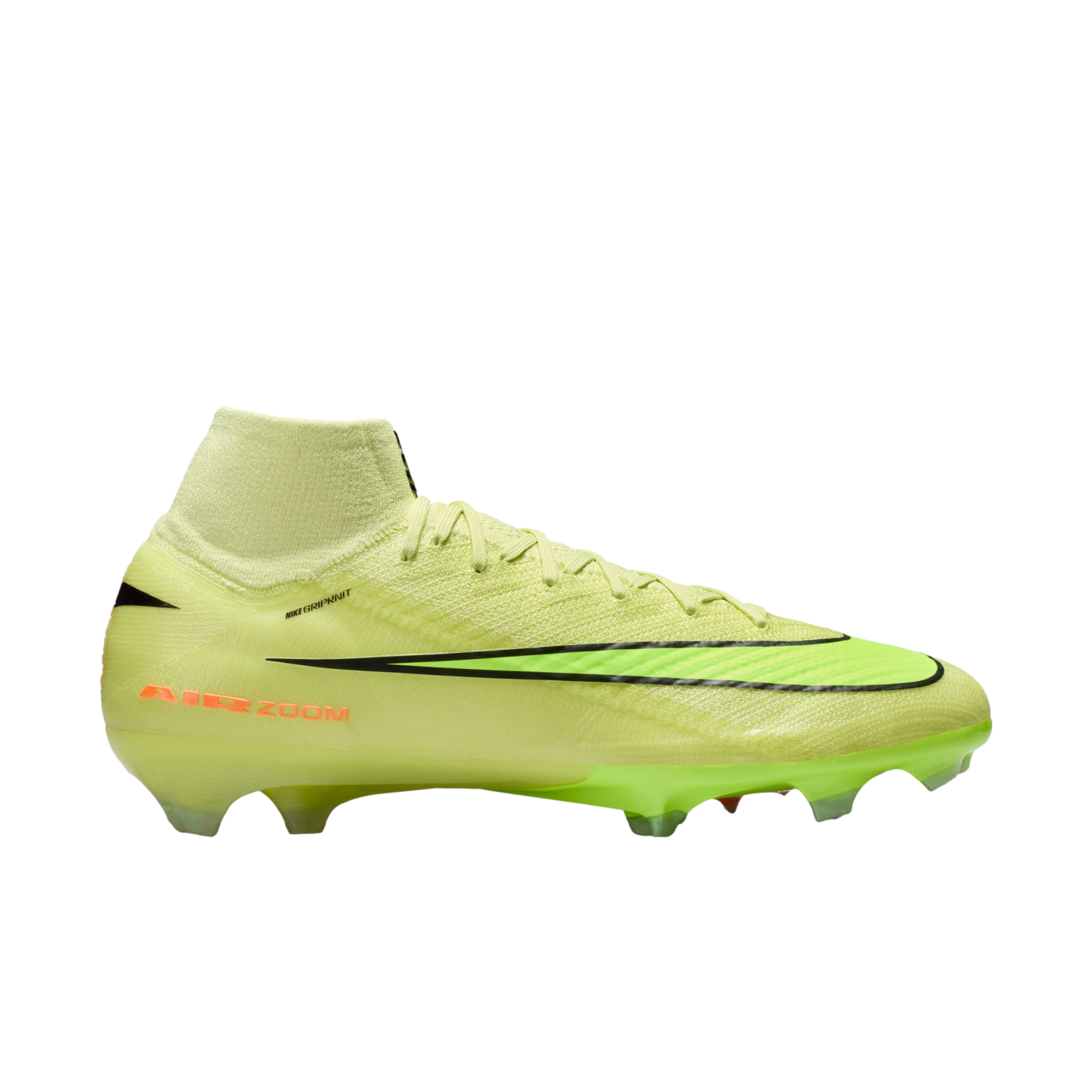 Side profile of a neon lime green Nike Mercurial Superfly soccer cleat with a black swoosh and orange branding on a solid black background.