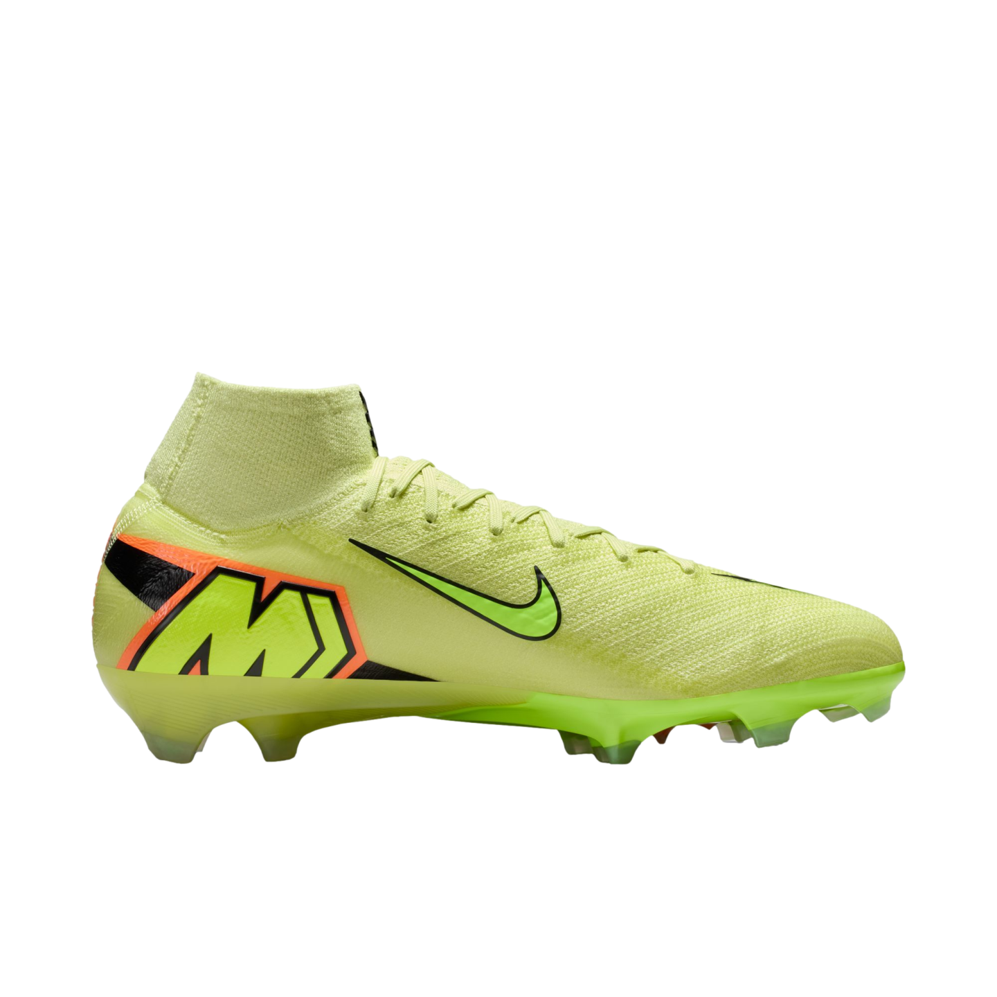 A side profile of a neon yellow Nike Mercurial Superfly soccer cleat with a sock collar against a black background.