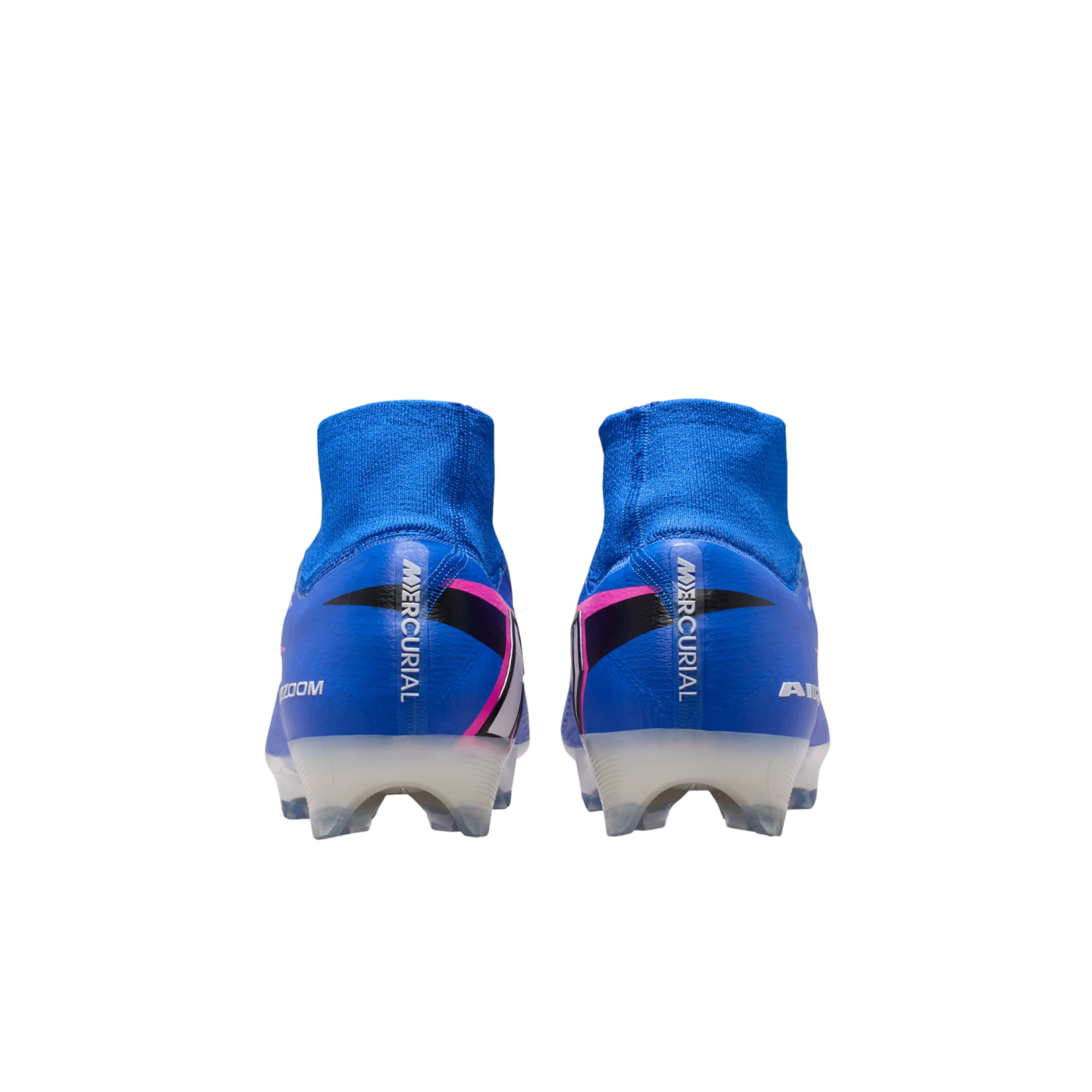 Rear view of blue Nike Mercurial soccer cleats with pink and black accents, high-top ankle collars, and translucent white soles on a black background.