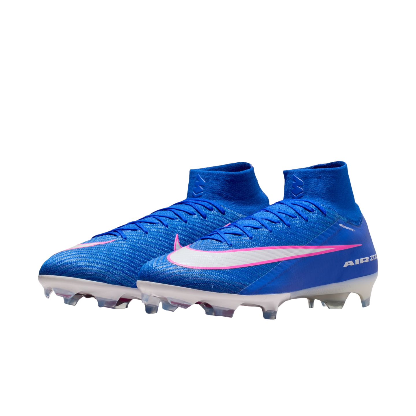 A pair of royal blue Nike Mercurial Superfly soccer cleats with pink and white accents, featuring a high-top collar and white studs, set against a black background.