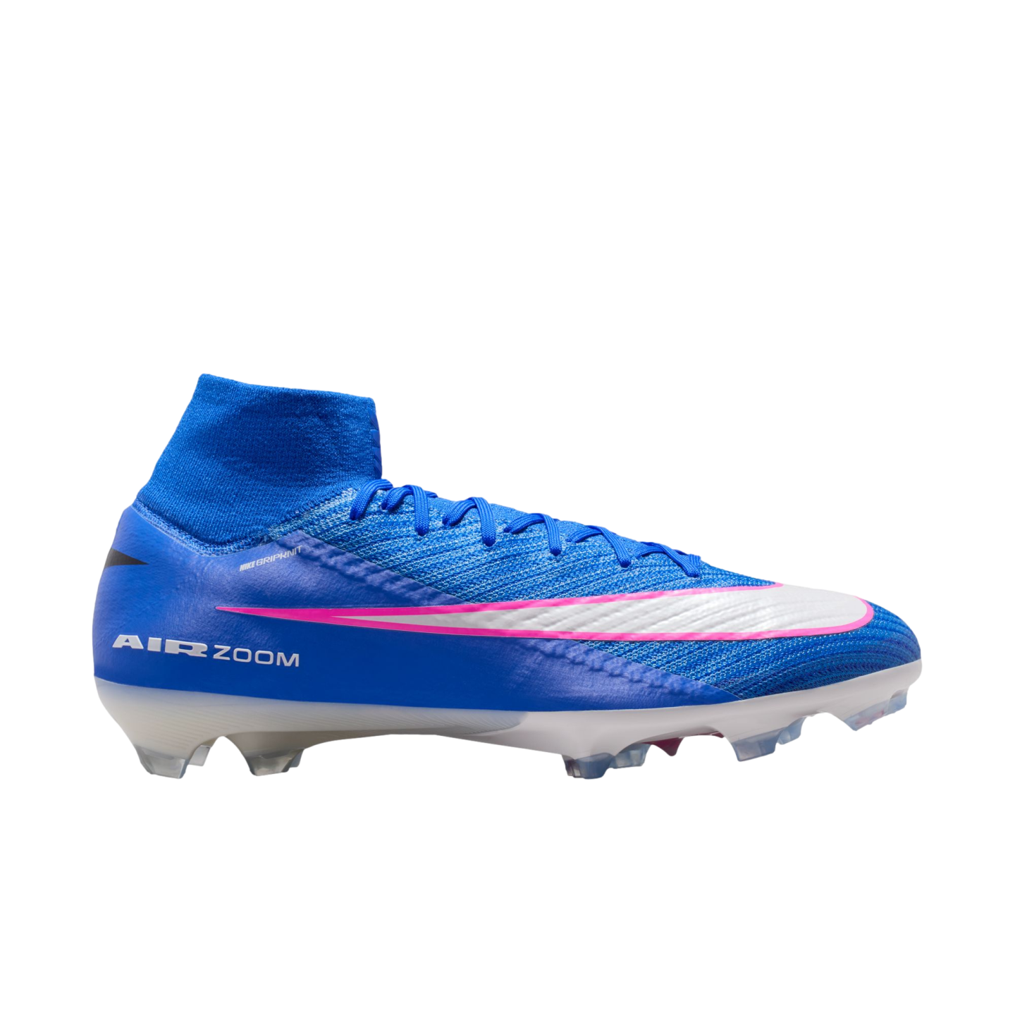 Blue Nike Mercurial Superfly soccer boot with a pink-outlined white swoosh, "AIR ZOOM" branding, and high-top collar.