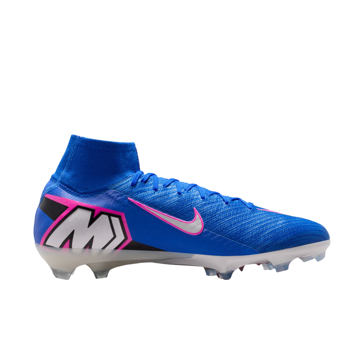 A blue Nike Mercurial Superfly soccer cleat with pink accents, a high-top collar, and a white Swoosh, displayed against a black background.