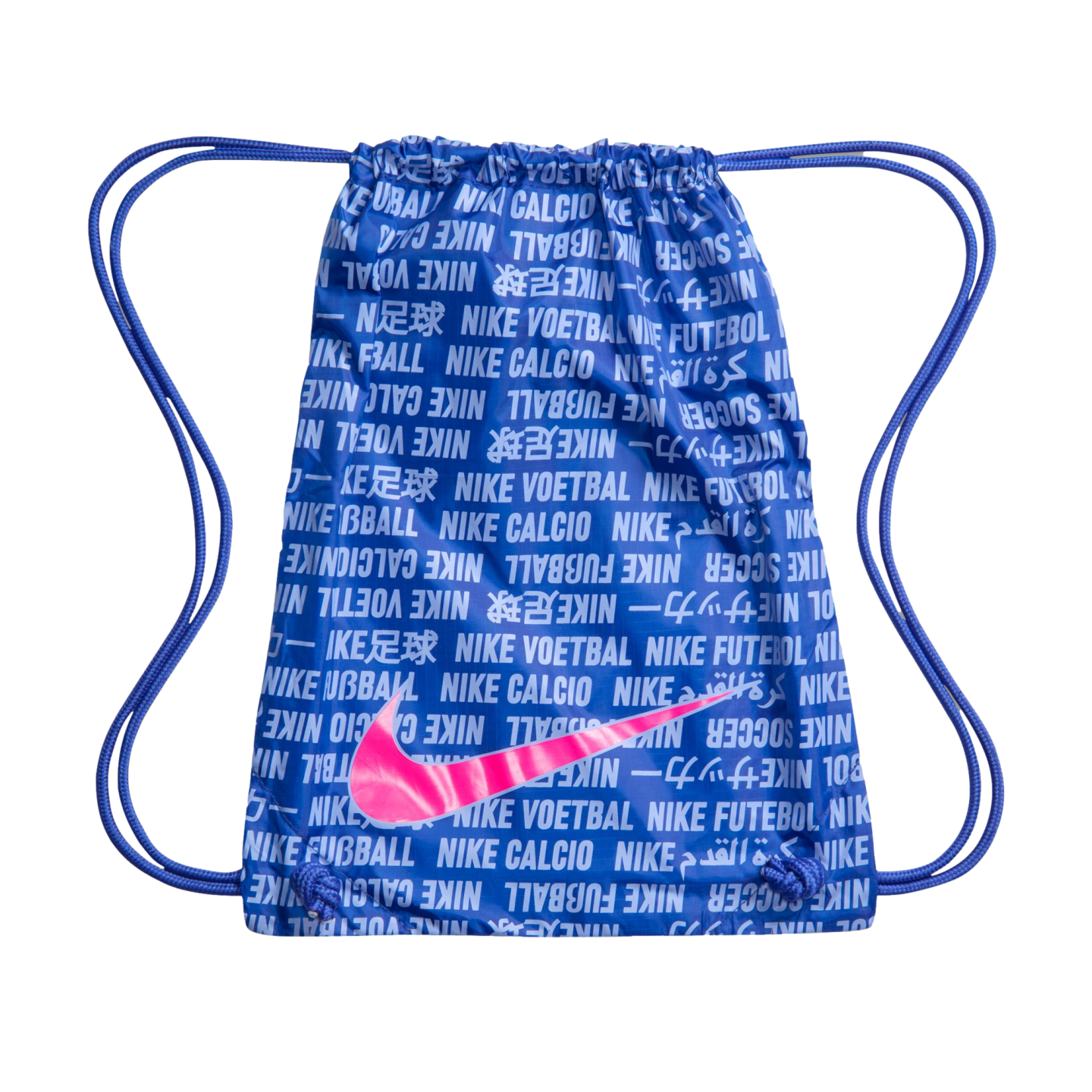 A blue Nike drawstring bag featuring a white multilingual text pattern and a large, vibrant pink Nike swoosh logo on the front.