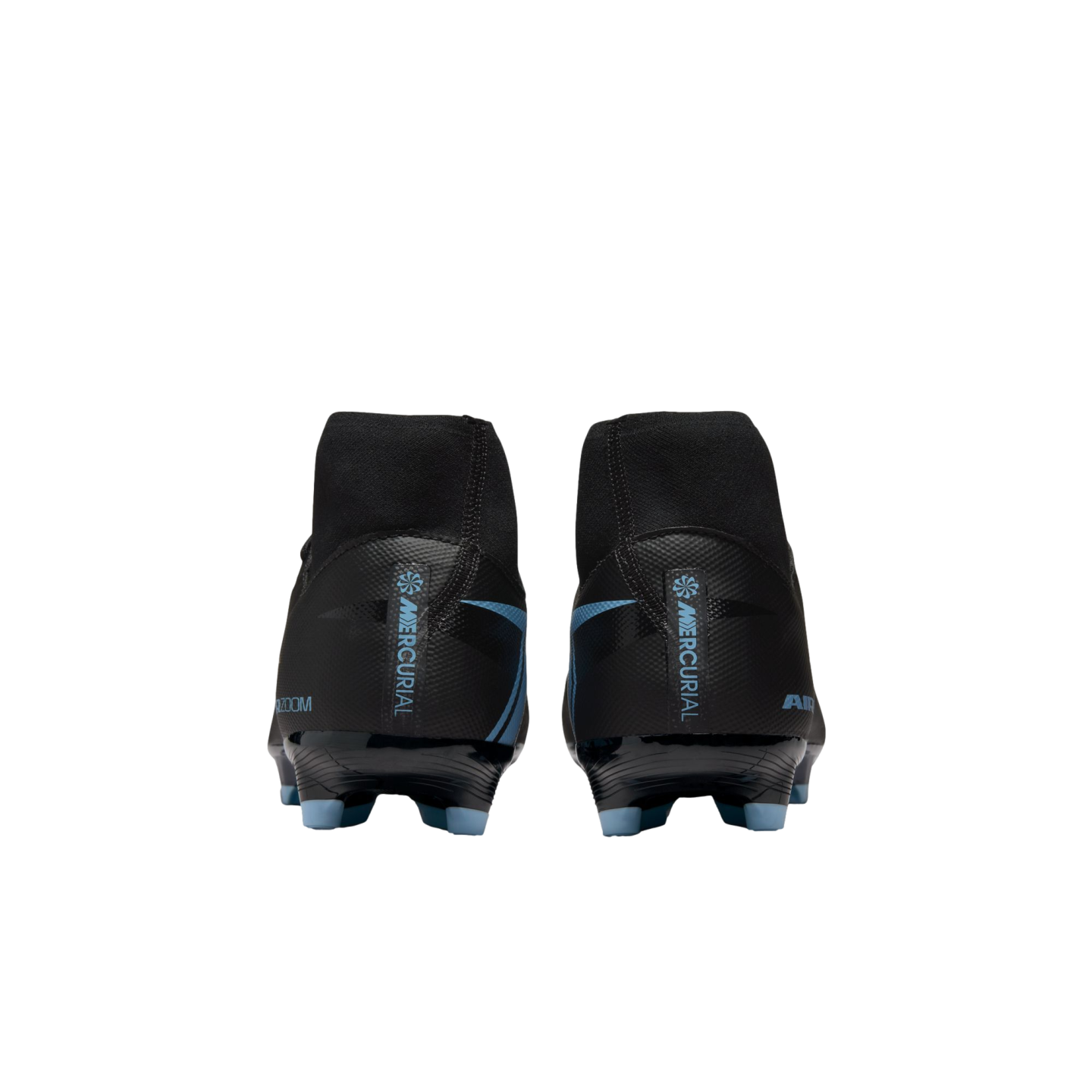 Rear view of black Nike Mercurial soccer cleats with light blue accents on the heels and studs, set against a black background.