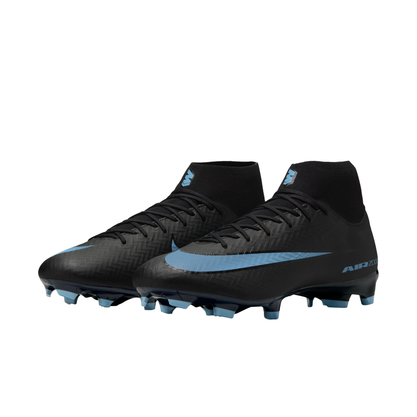 A pair of black Nike soccer cleats with light blue Swoosh logos and studs, set against a solid black background.
