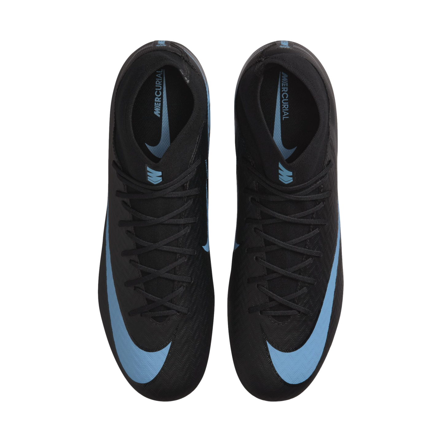 Top-down view of black Nike Mercurial soccer cleats with light blue Nike swooshes and branding, set against a solid black background.