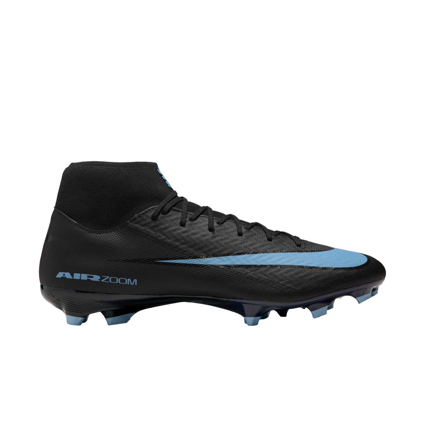 A black Nike Air Zoom soccer cleat with light blue accents and a high-top collar, shown from the side against a black background.