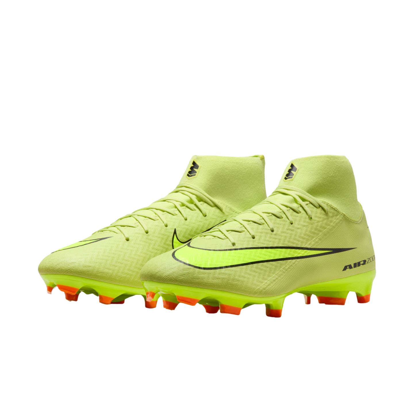 Pair of lime green Nike soccer cleats with high-top ankle collars and bright orange studs, set against a black background.