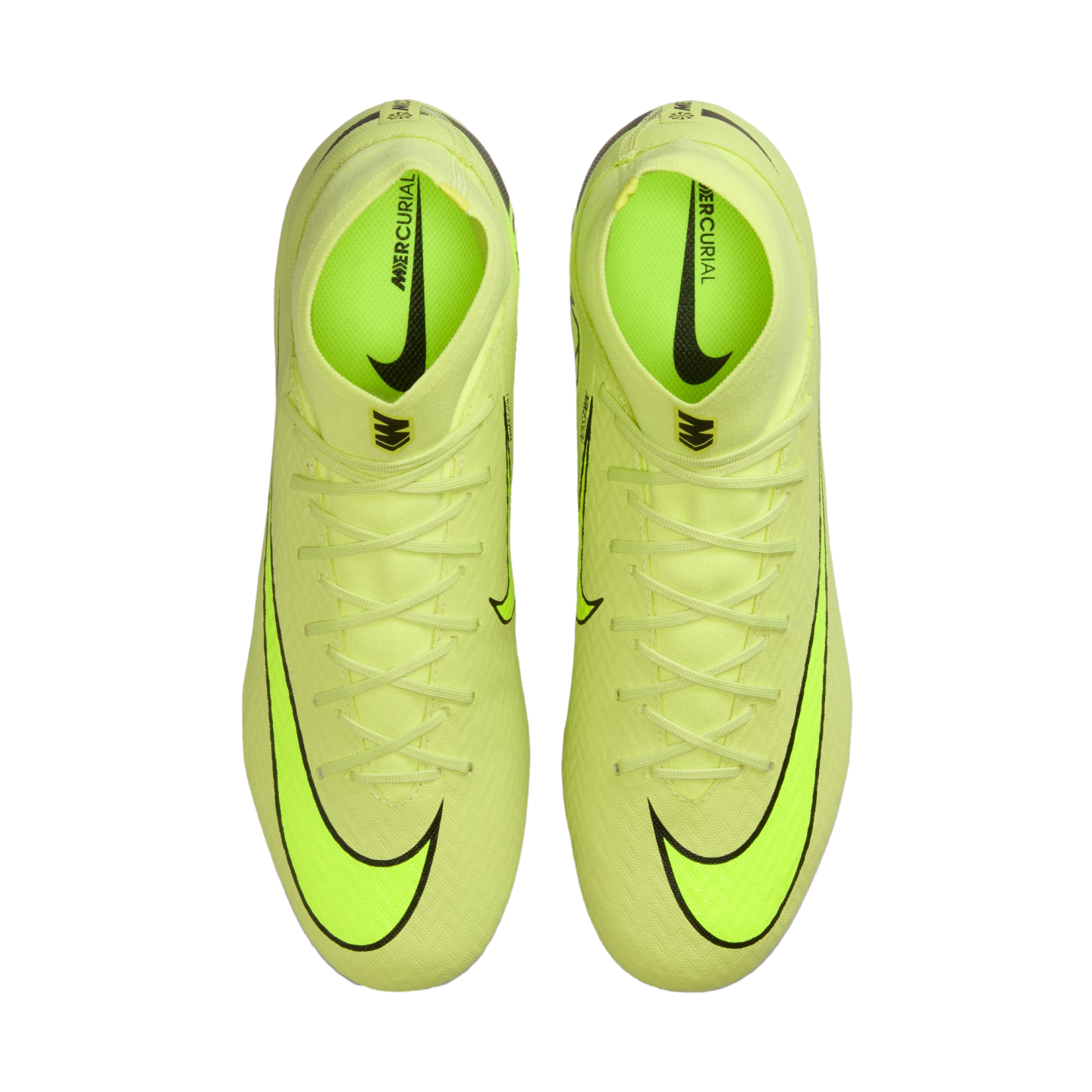 Top-down view of neon yellow Nike Mercurial soccer cleats on a black background.