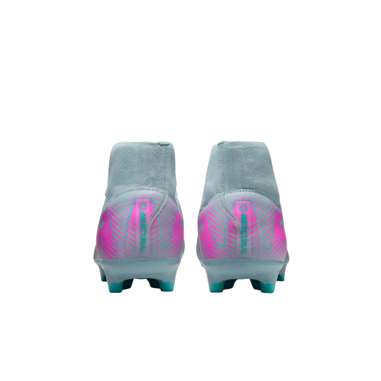 Back view of two light gray and pink Nike Mercurial soccer cleats with high-top collars against a white background.