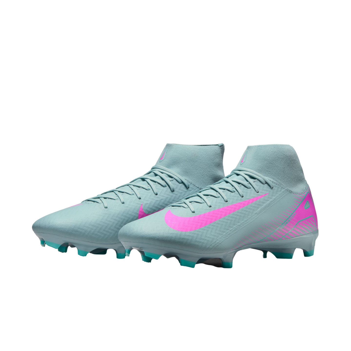 Pair of light blue Nike soccer cleats featuring a neon pink Nike swoosh, high-top ankle collar, and matching laces on a white background.