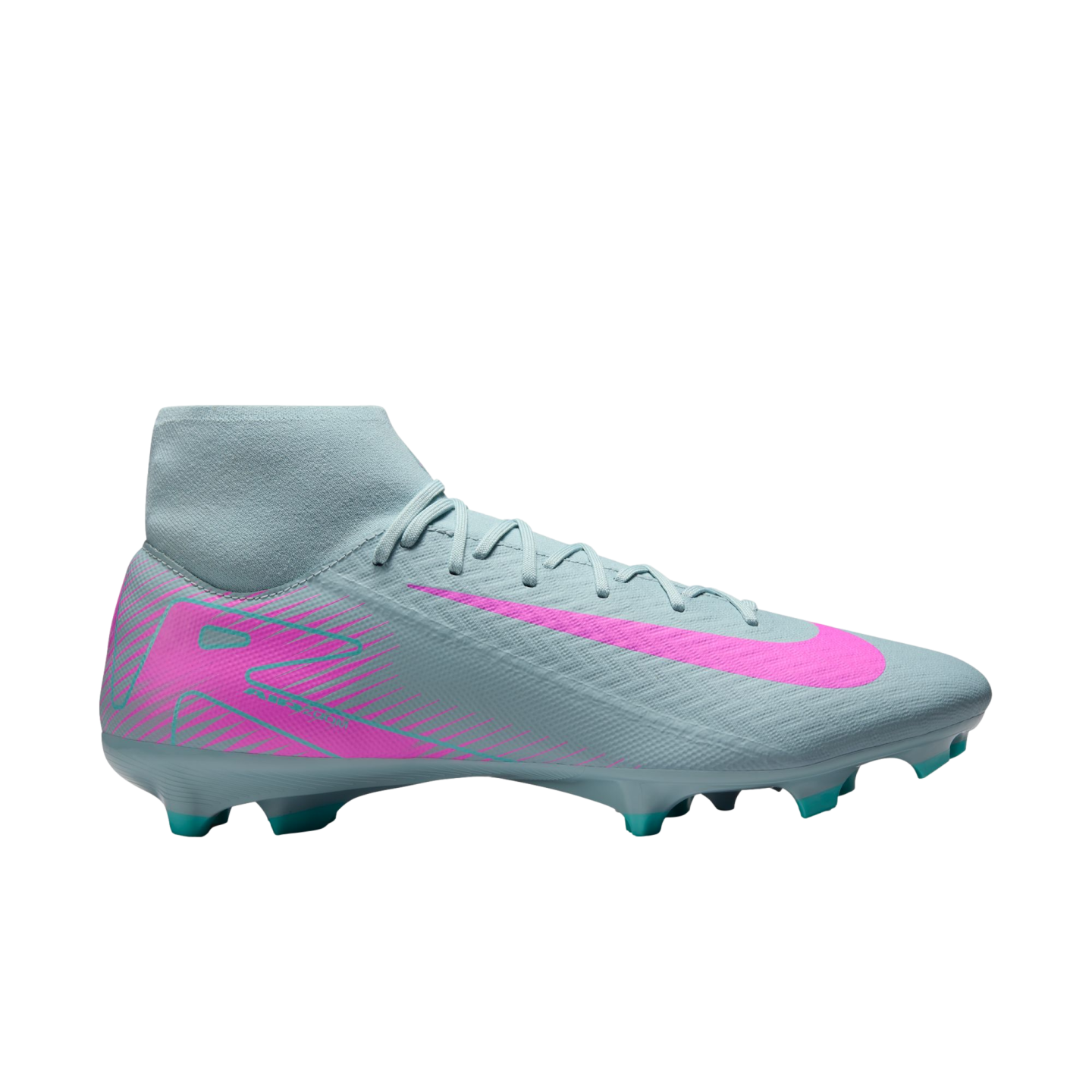 A light blue Nike Mercurial soccer cleat with a bright pink swoosh, high-top collar, and teal-tipped studs, shown from a profile view on a white background.