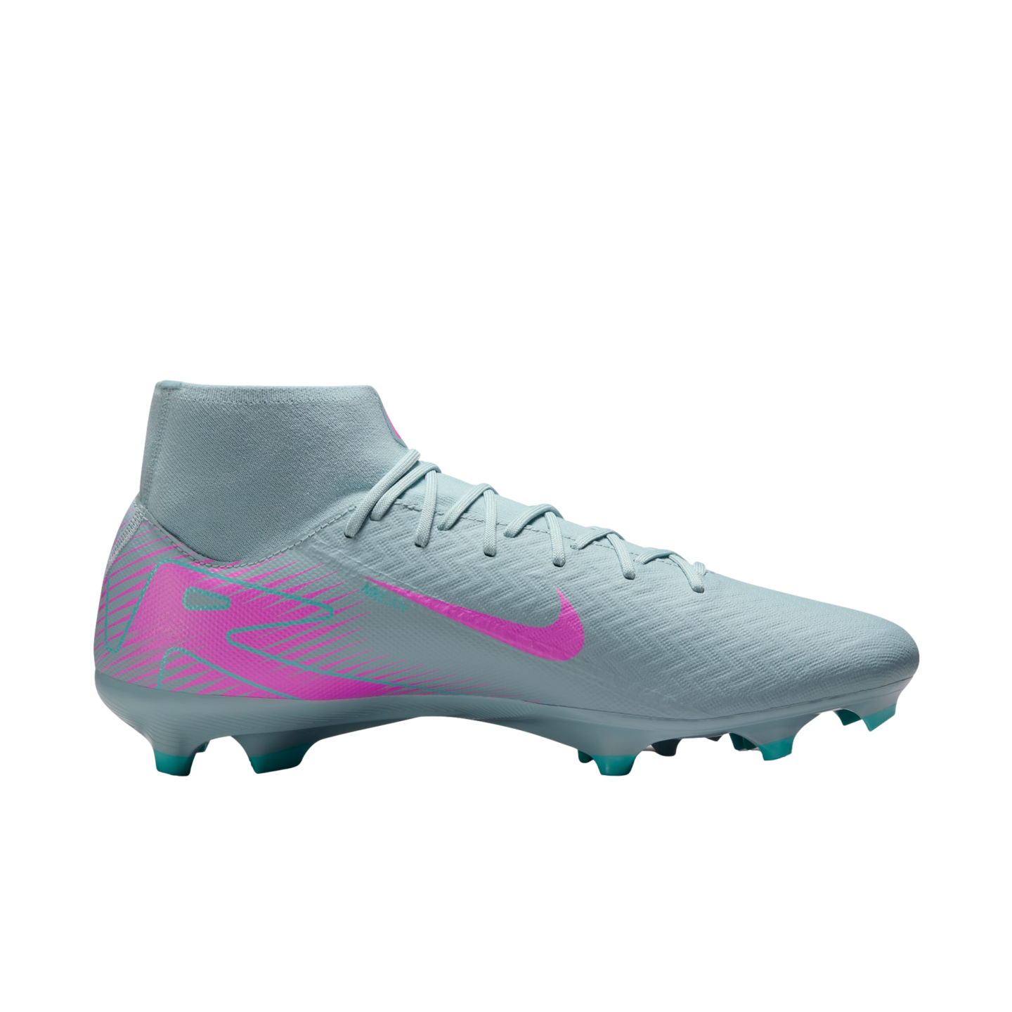 A profile view of a light blue Nike high-top soccer cleat with bright pink accents and a firm ground soleplate, shown against a white background.