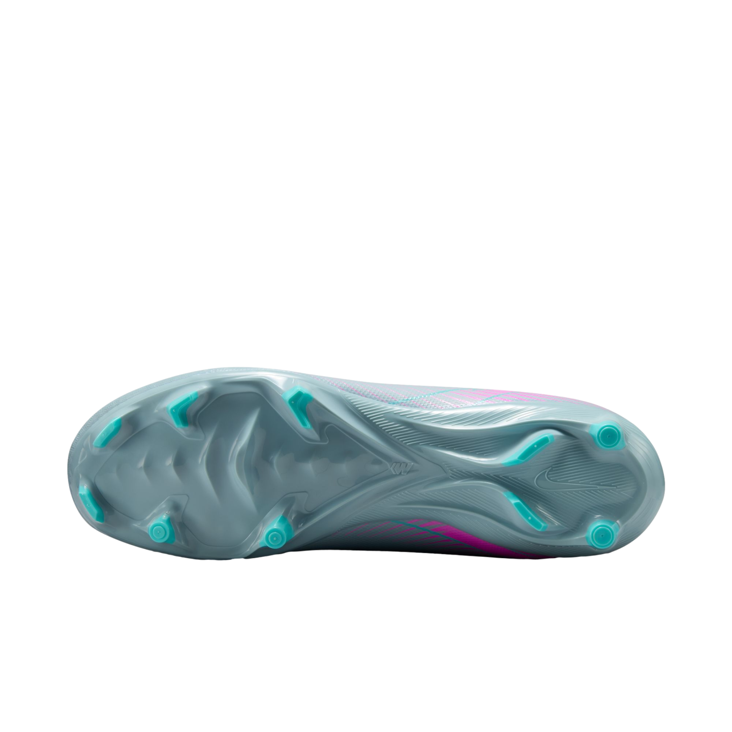 Underside of a light grey soccer cleat showing bright teal studs, pink accents, and a Nike swoosh logo on the heel.