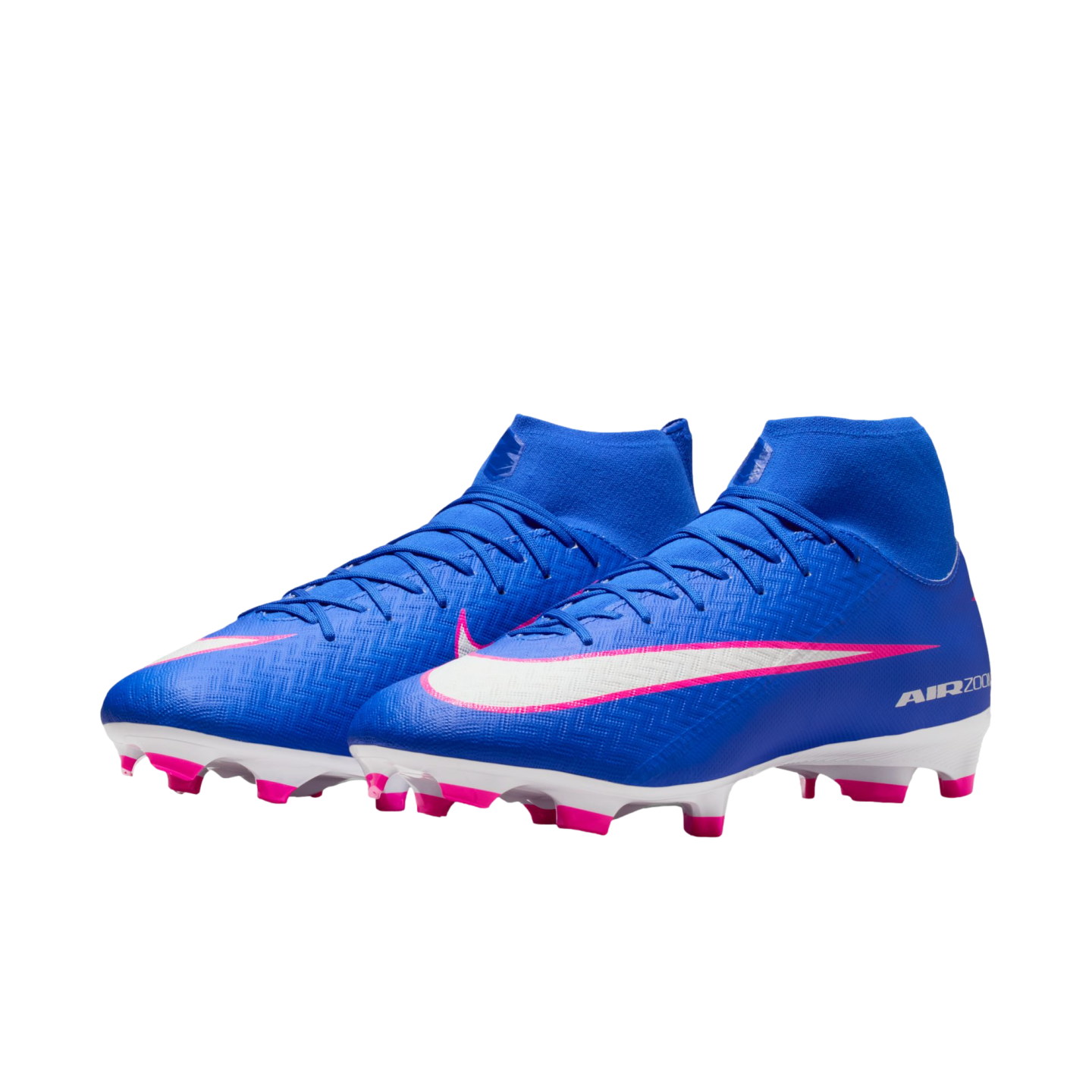 Electric blue Nike Air Zoom soccer cleats with high-top collars, white swooshes with pink outlines, and pink studs, against a black background.