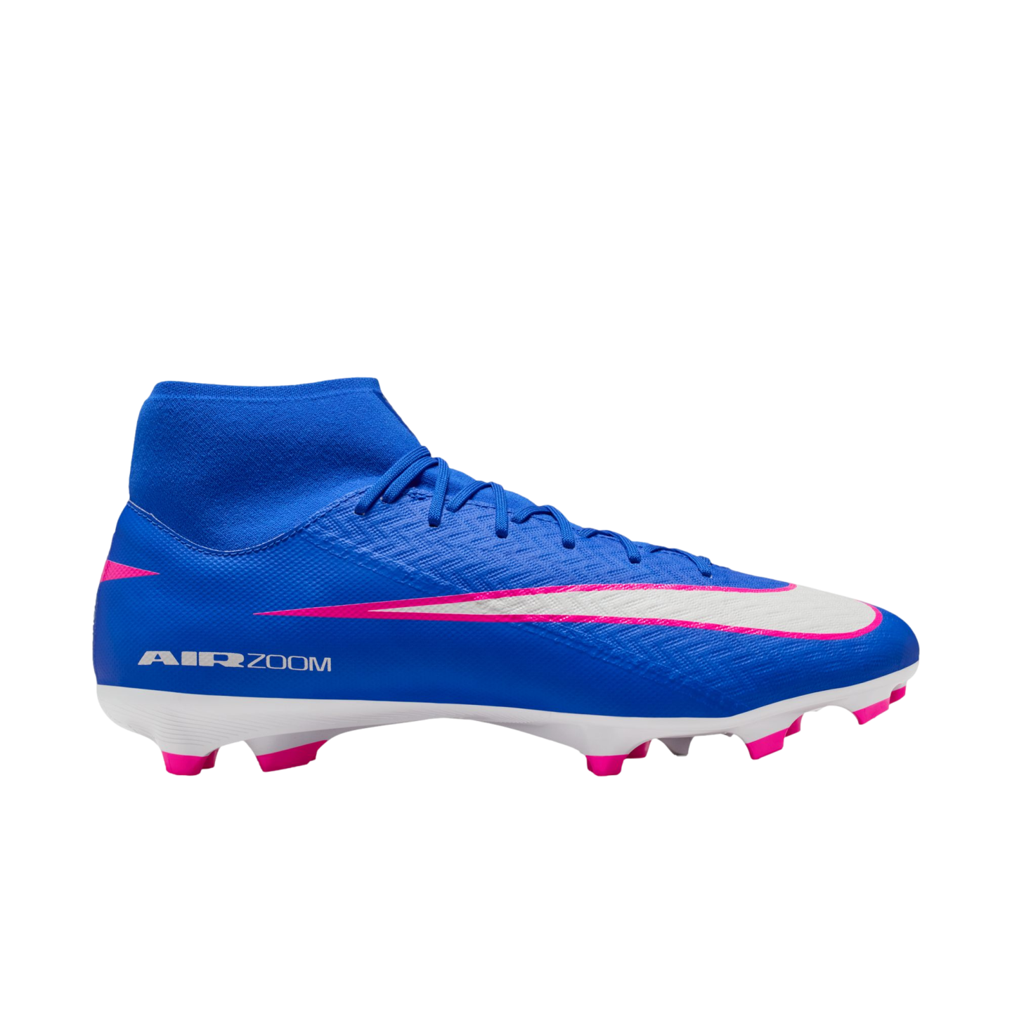 Blue Nike Air Zoom soccer cleat with a high-top ankle collar, white Nike swoosh with pink outlines, and pink studs.