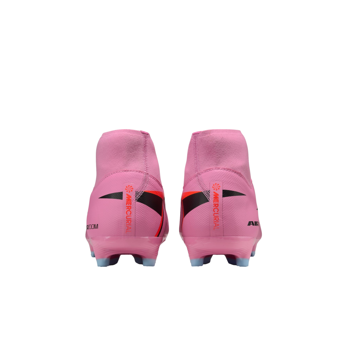 Rear view of a pair of pink Nike Mercurial soccer cleats with black and orange details, set against a black background.