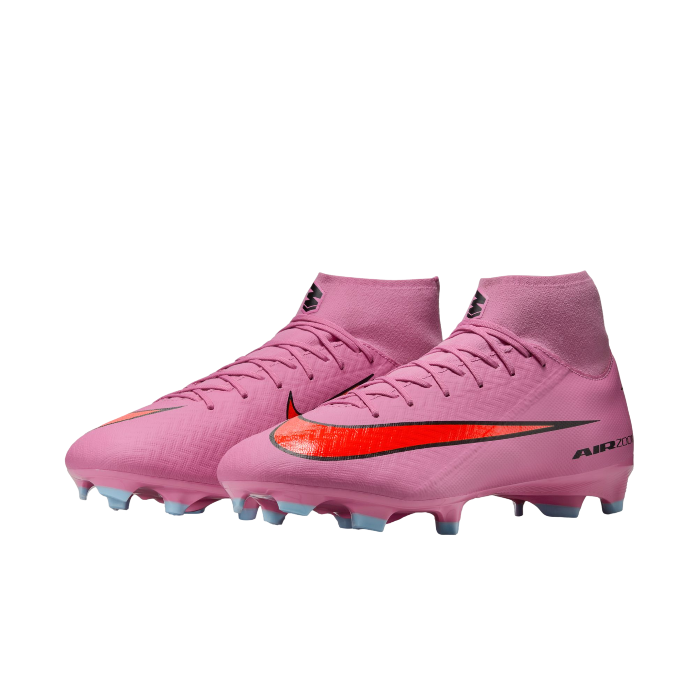 Pink Nike Mercurial Superfly soccer cleats with a bright orange swoosh and high-top collar shown against a black background.
