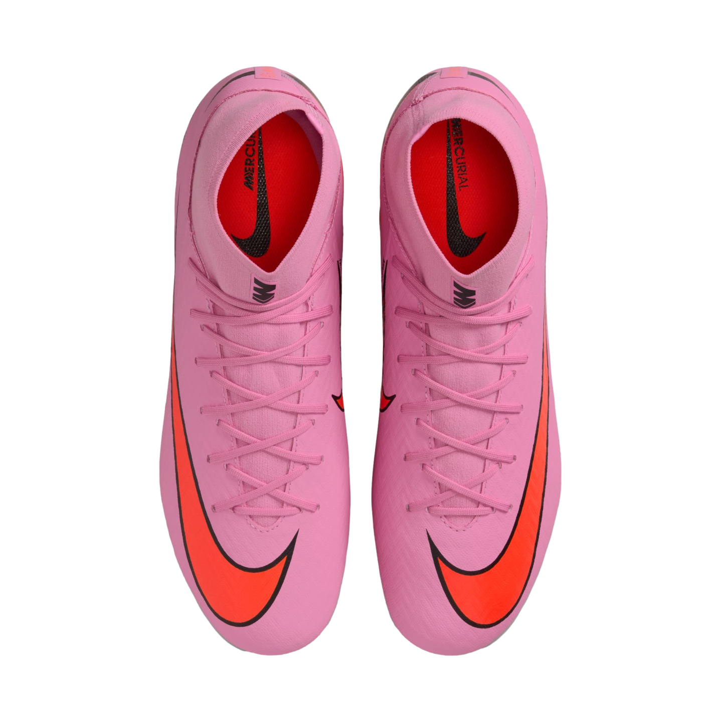 Top-down view of a pair of pink Nike Mercurial soccer cleats with bright orange swooshes on a solid black background.