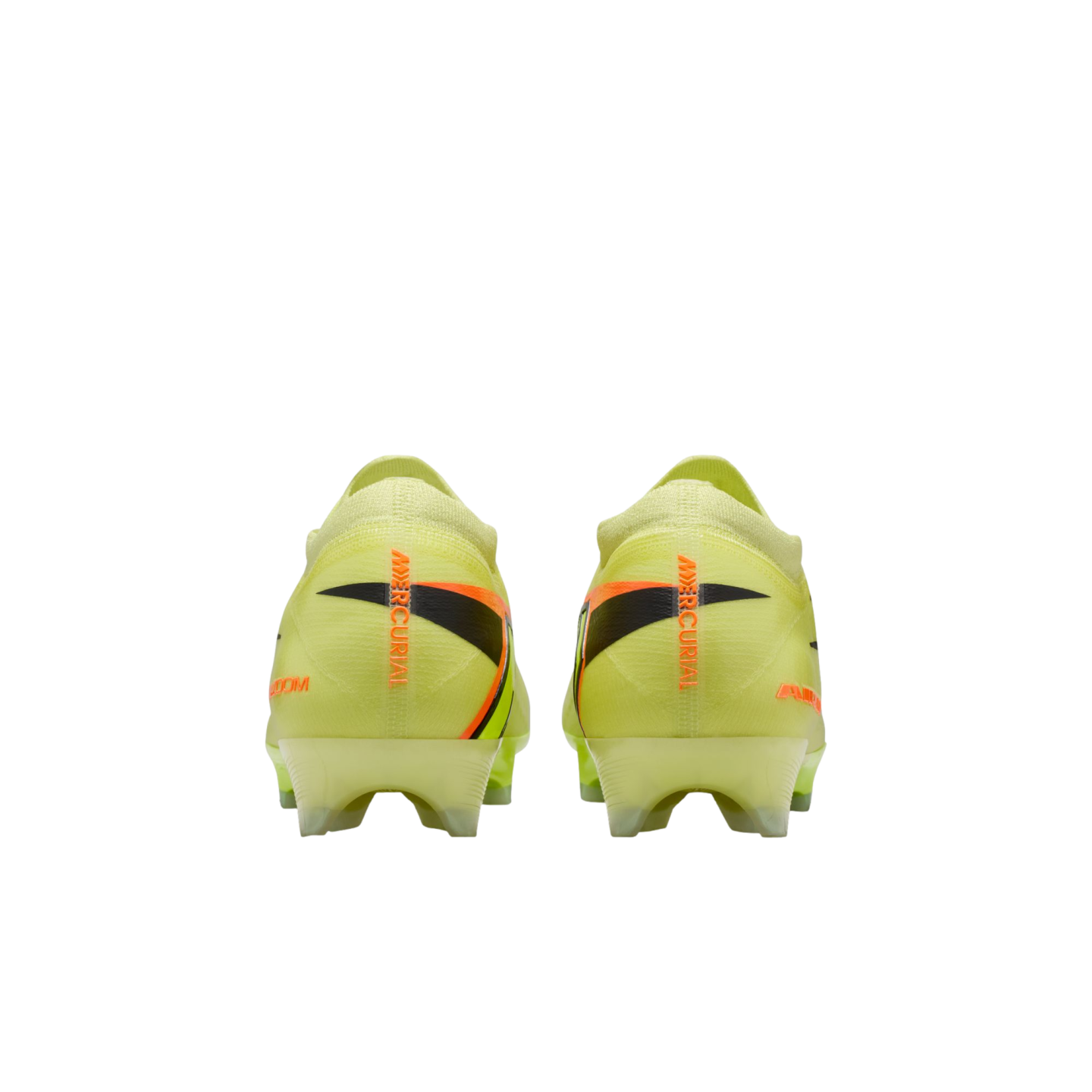Rear view of neon yellow Nike Mercurial soccer cleats with orange branding and black graphic accents on the heels, set against a black background.