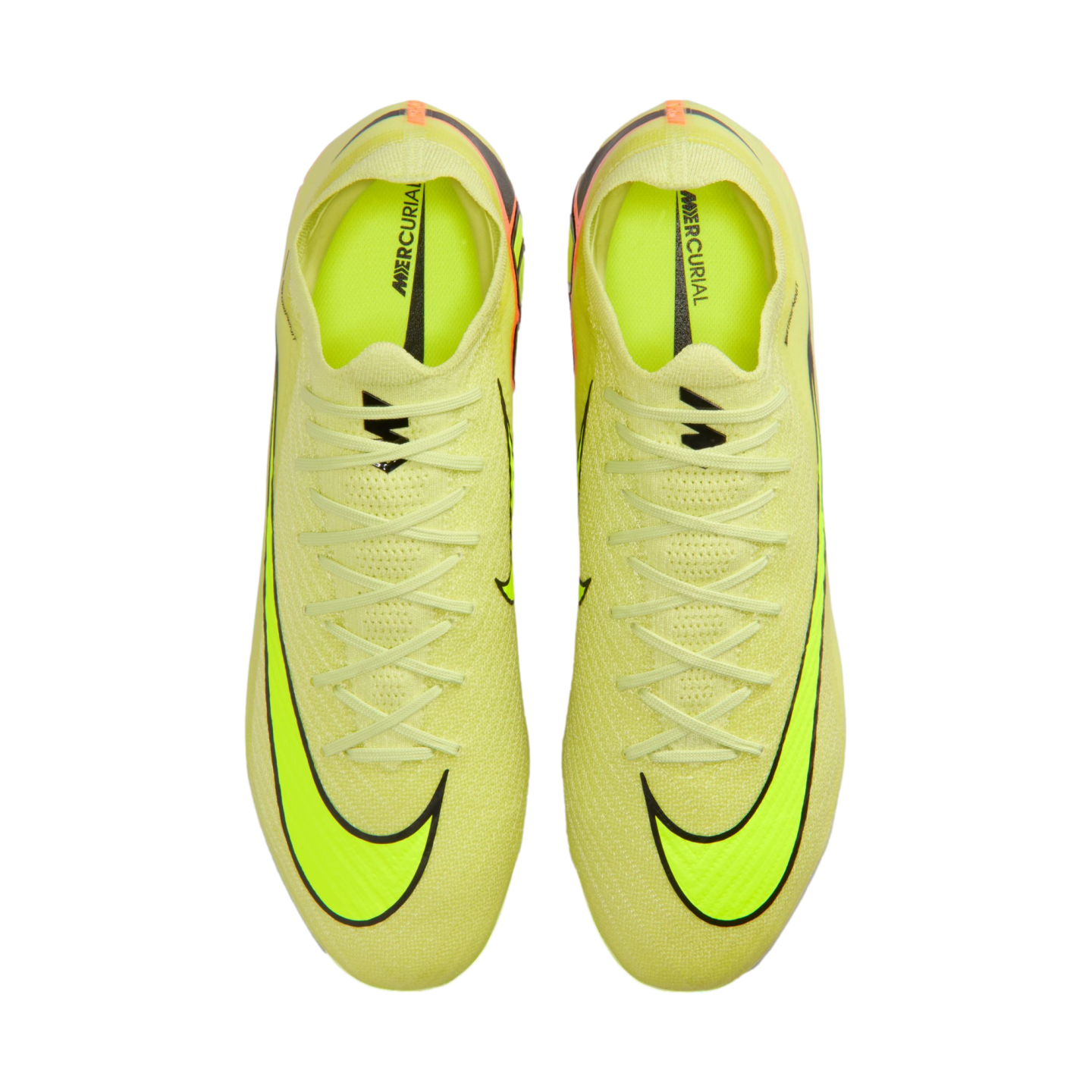 Top-down view of neon yellow Nike Mercurial soccer boots with black swooshes on a black background.