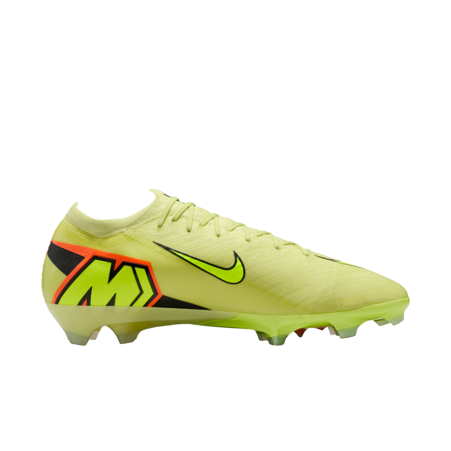 A bright yellow Nike soccer cleat with black and orange accents, featuring a large 'M' logo on the heel, shown against a solid black background.