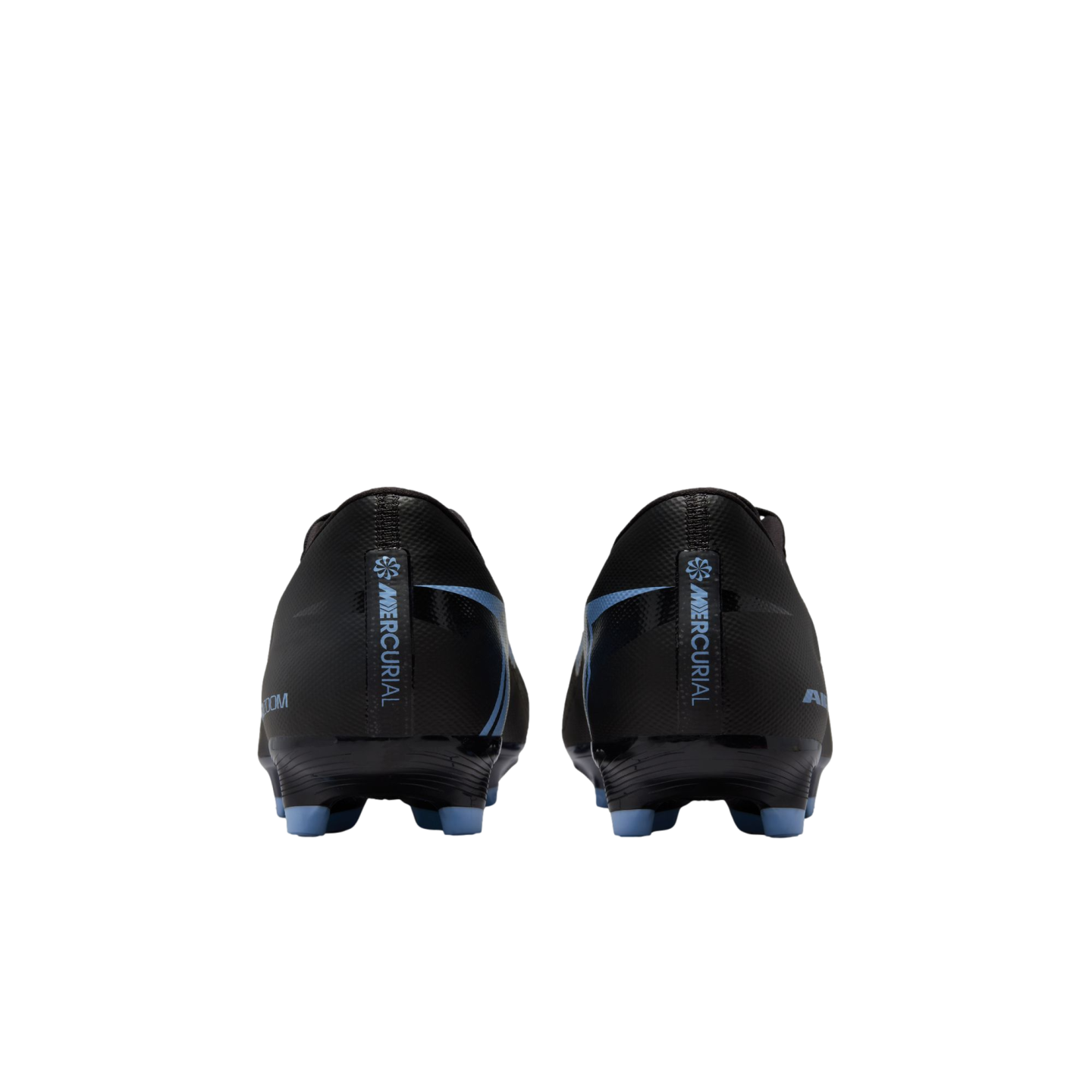 Rear view of black Nike Mercurial soccer cleats with light blue accents and studs, centered on a black background.