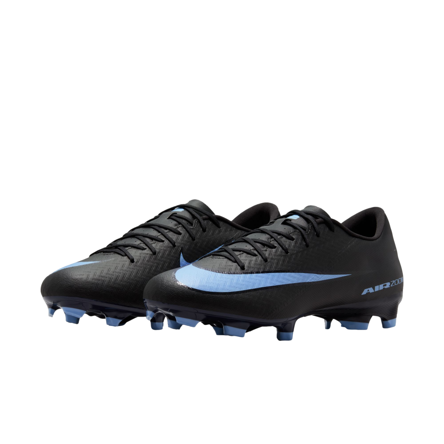 Pair of black Nike Air Zoom soccer cleats with light blue swooshes and studs, set against a solid black background.