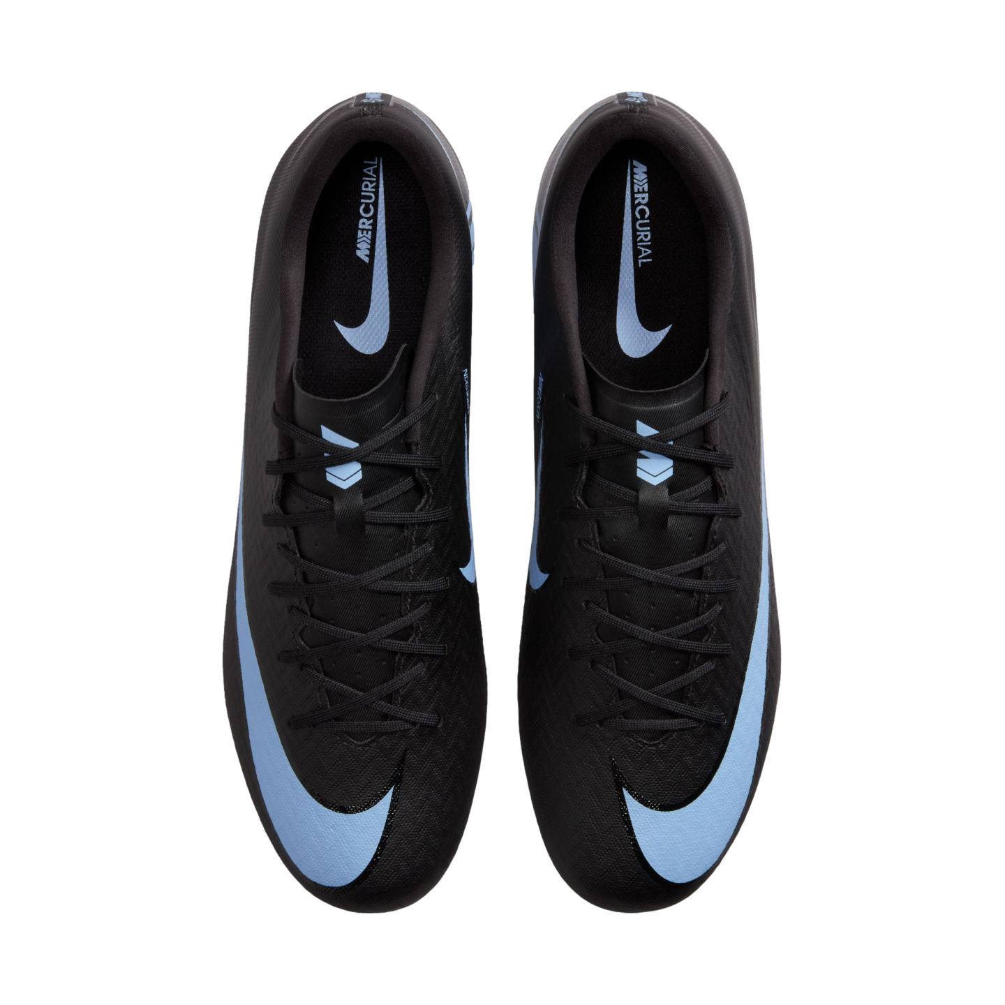 Top-down view of black Nike Mercurial soccer cleats with light blue accents on a black background.