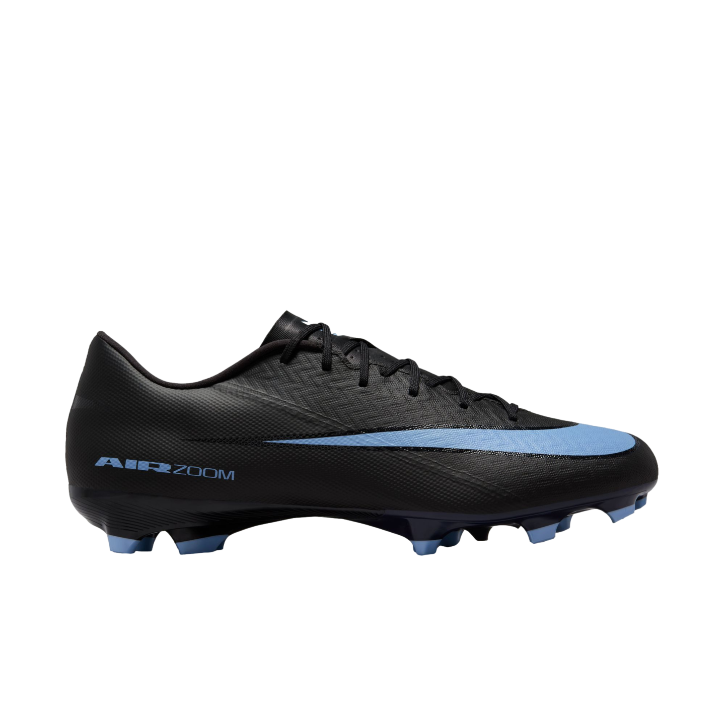 A black Nike Air Zoom soccer cleat with light blue accents on the swoosh and studs. It features a textured upper and is displayed against a solid black background.