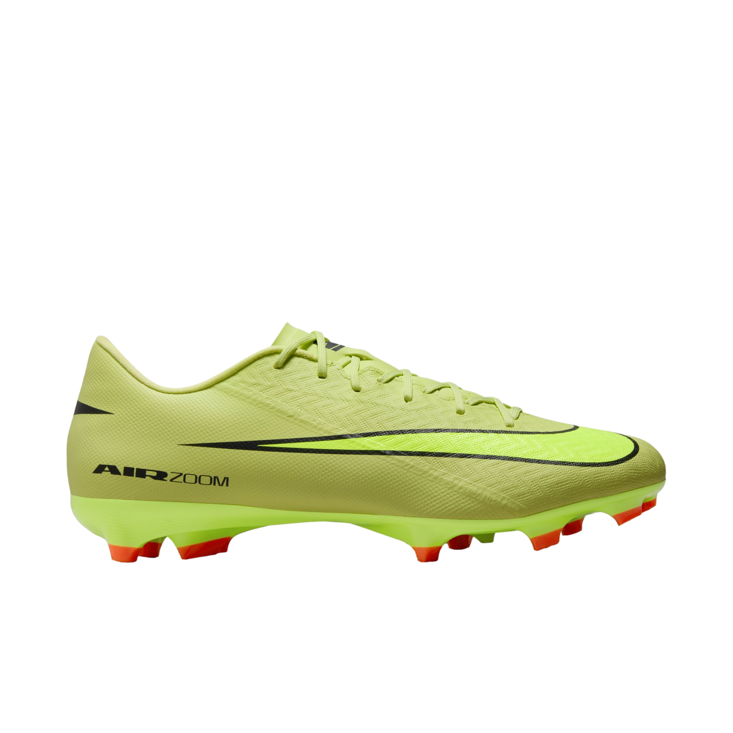 A side profile of a neon yellow Nike Air Zoom soccer cleat with a large black swoosh and orange studs, set against a solid black background.