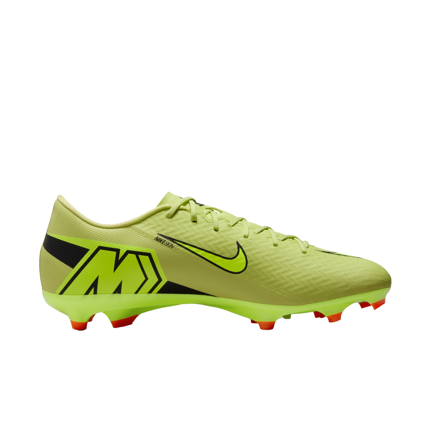Lime green Nike Mercurial soccer cleat with a large black 'M' on the heel and red studs, isolated on a black background.