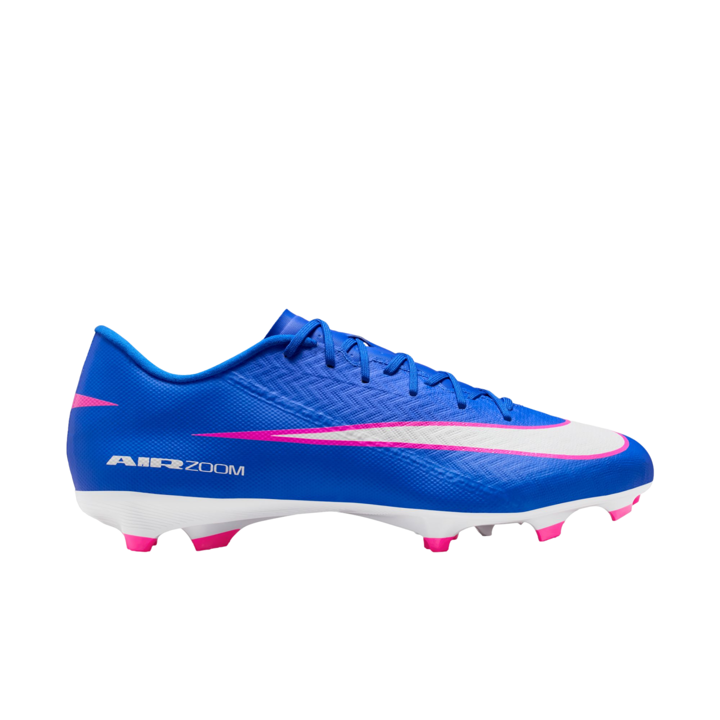 Blue Nike soccer cleat with a white Swoosh outlined in pink, 'AIR ZOOM' branding on the heel, and pink studs on a white soleplate.