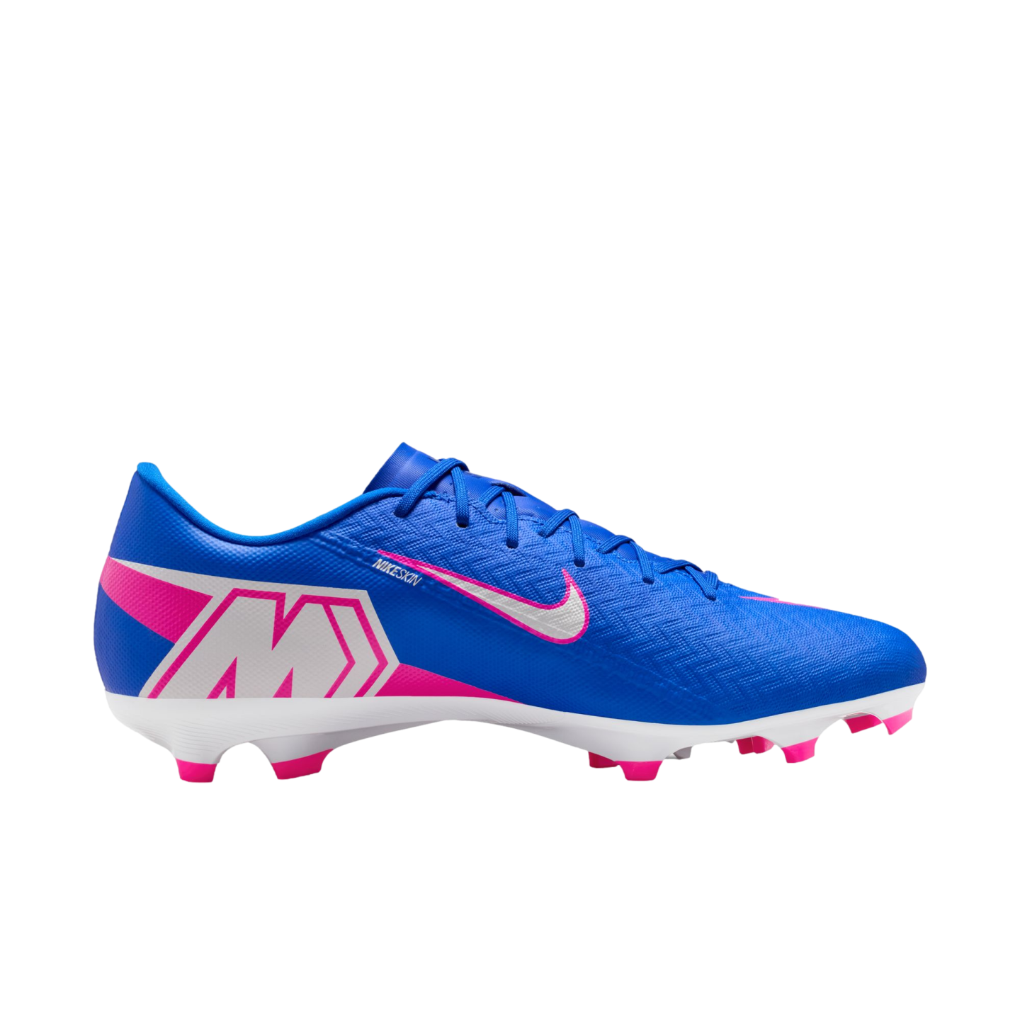Lateral view of a blue Nike soccer cleat with pink and white accents and a silver swoosh, set against a black background.